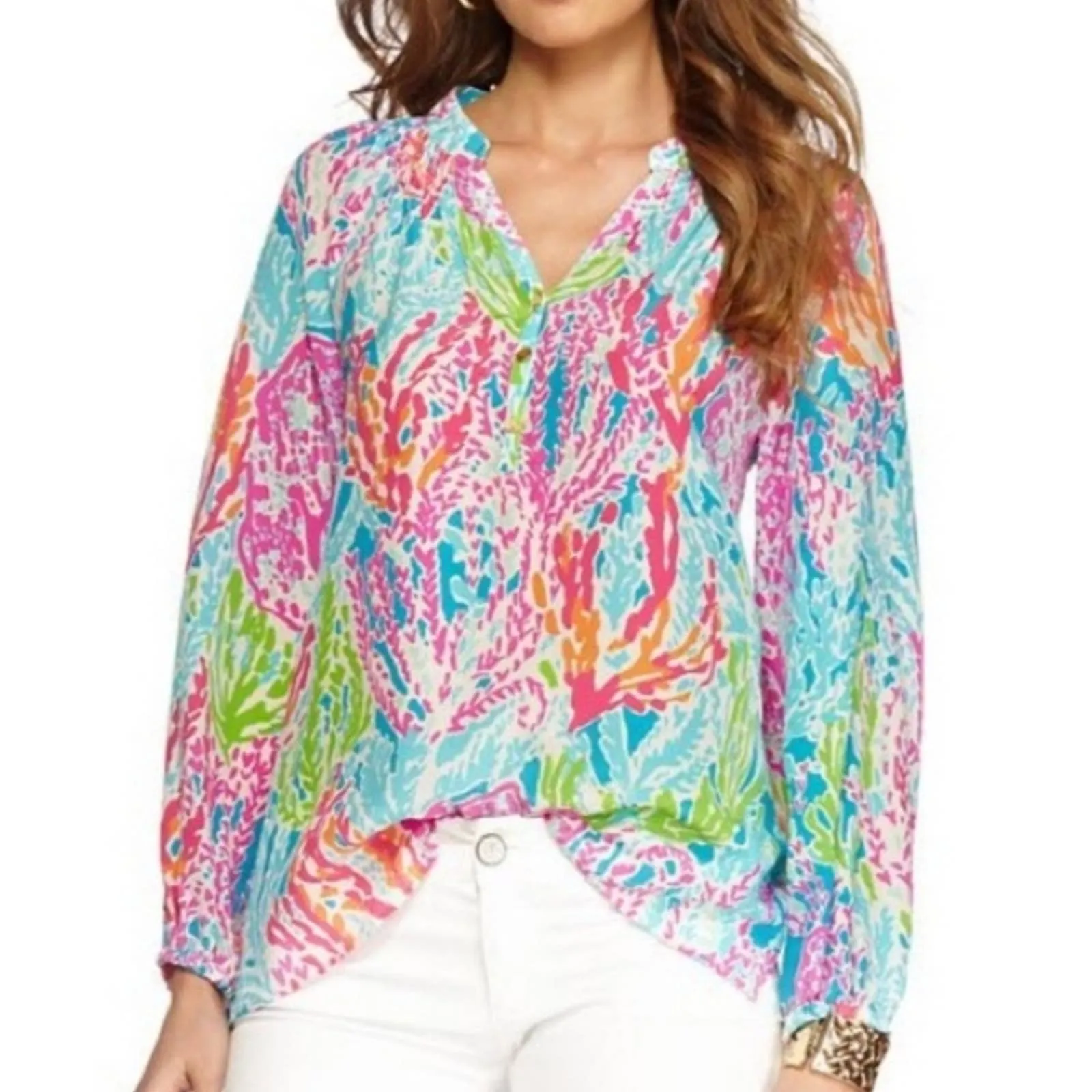Lilly Pulitzer Elsa Agua Let's Cha Cha Holy Grail Silk Top