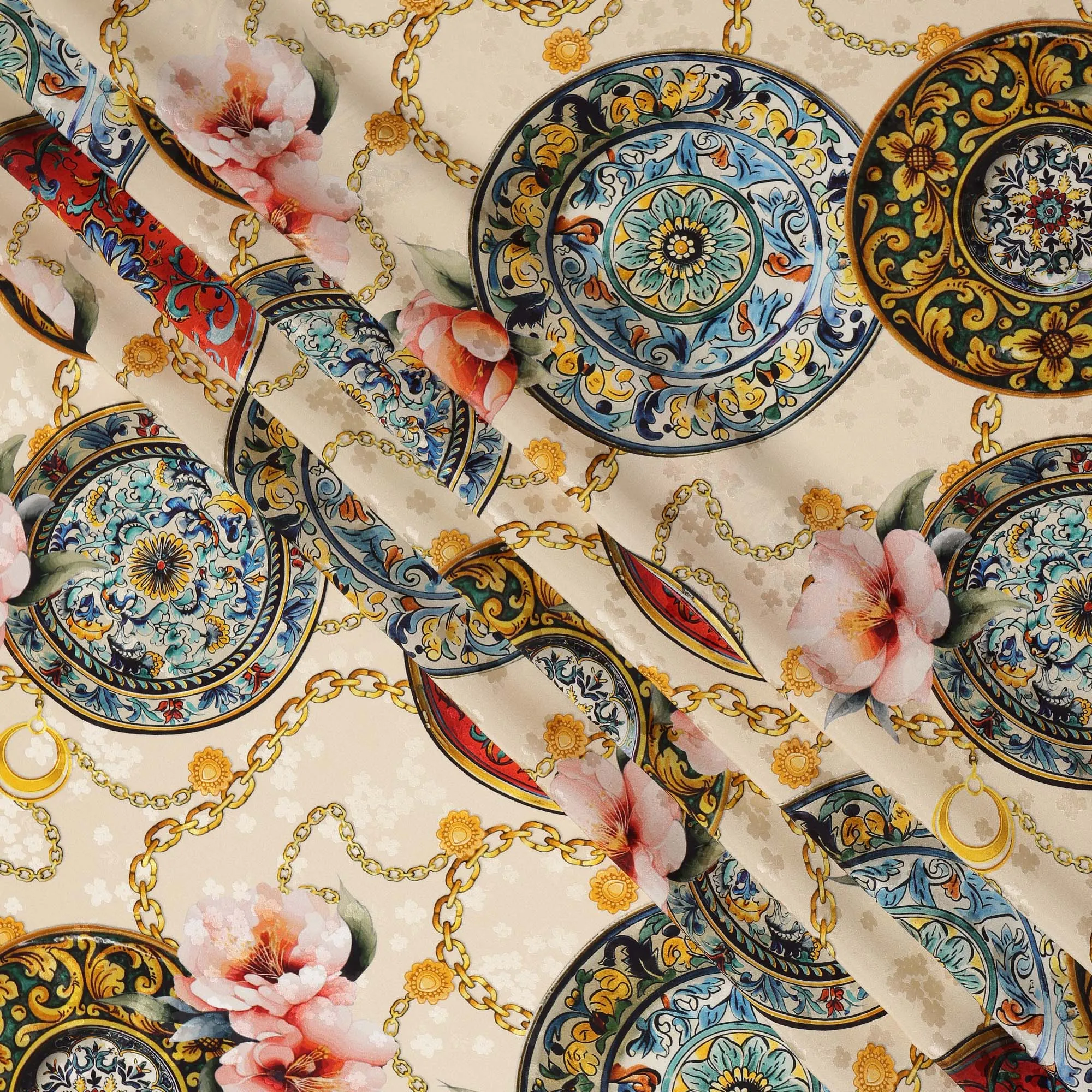 Luxurious Italian Silk Satin Fabric with Vintage Floral Medallion Design, Beige Background – 150 cm Width-D20328