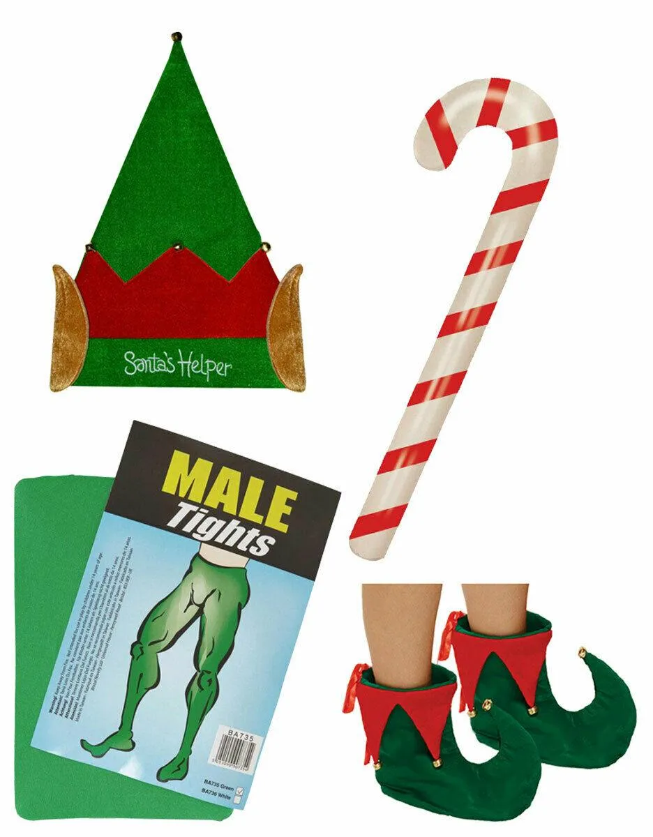 Male Tights Elf Santa Helper Hat Candy Cane Shoes Christmas Xmas Fancy Dress