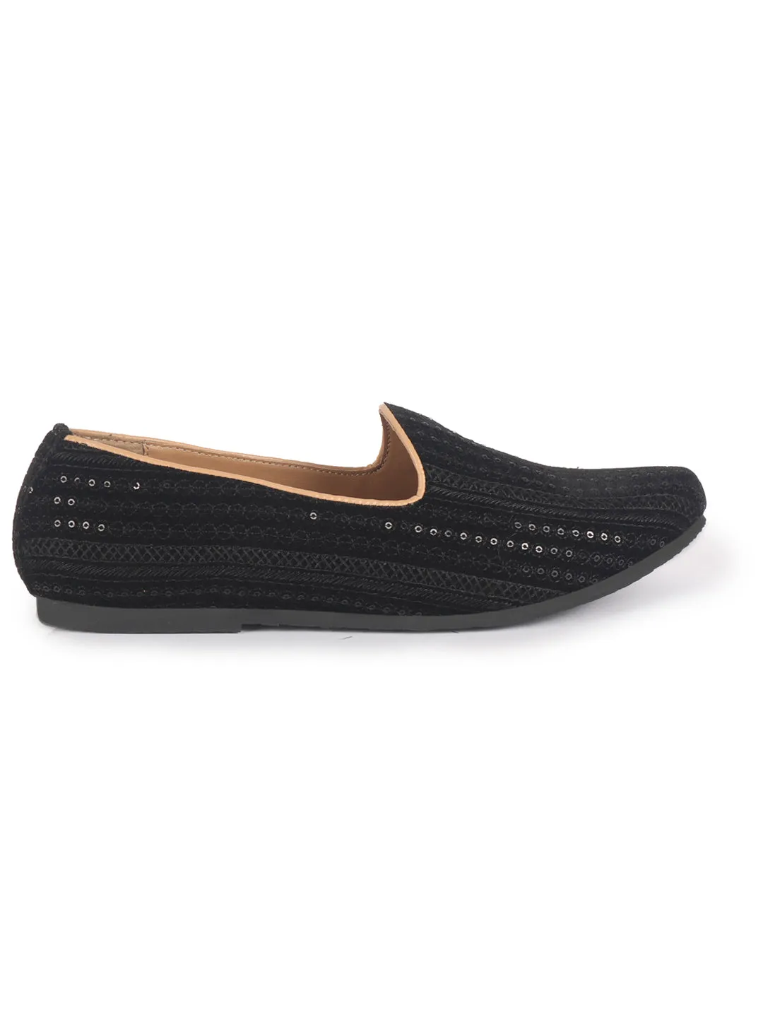 Men Black Embroidery Sequin Ethnic Slip On Juttis and Mojaris for Wedding|Festive Slip-On For Kurtas|Traditional Sherwani Shoes