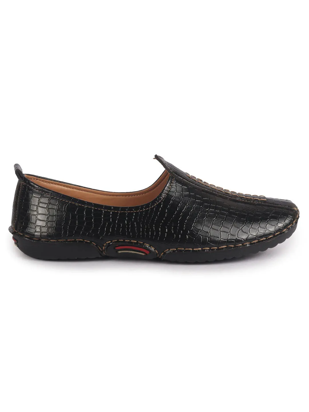 Men Black Textured Ethnic Slip On Juttis and Mojaris for Wedding|Party Slip-On|Traditional Kurtas Shoes|Flexible Rubber Sole