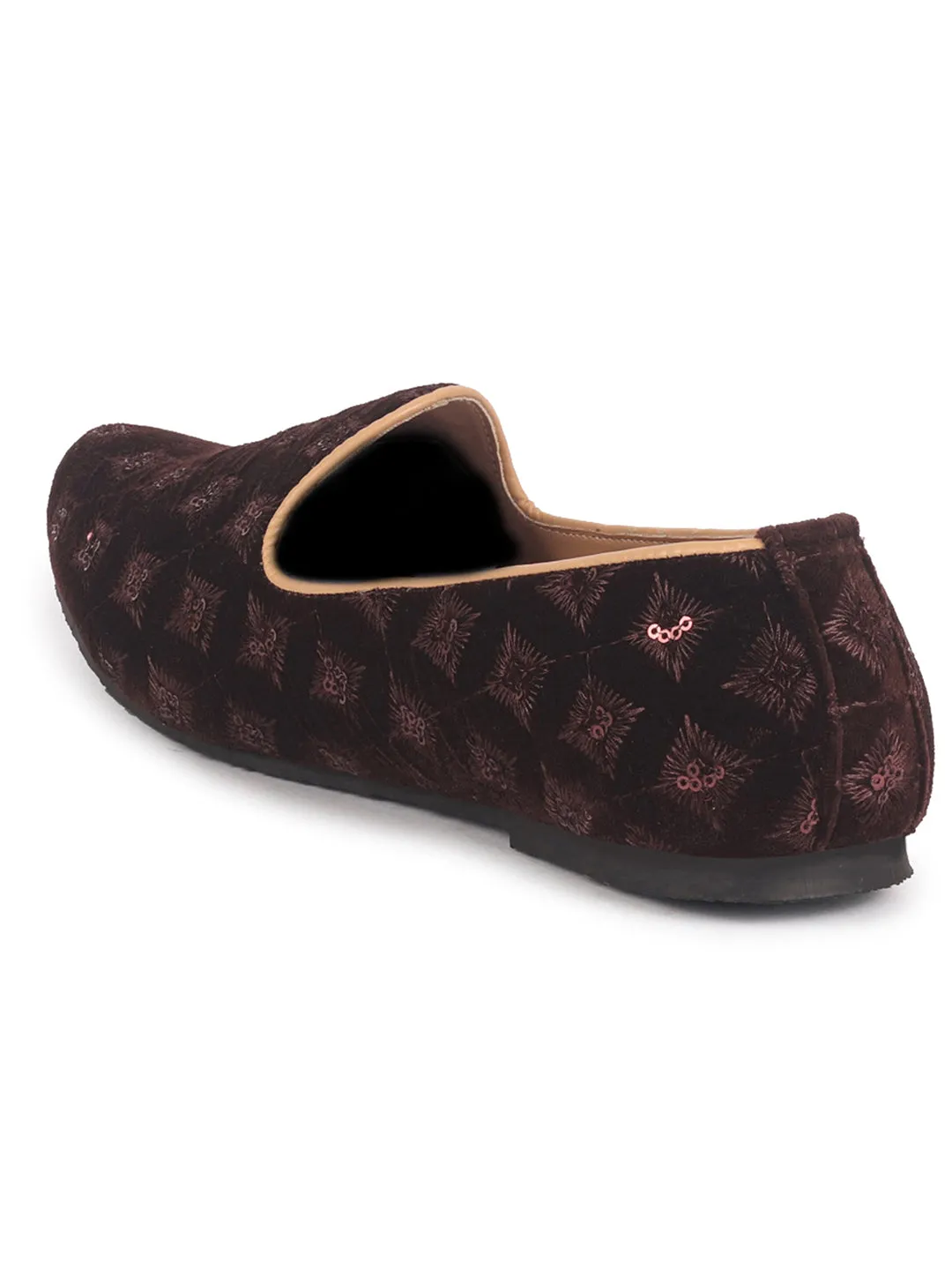 Men Brown Embroidery Sequin Ethnic Slip On Juttis and Mojaris for Wedding|Festive Party Slip-On|Traditional Sherwani Shoes