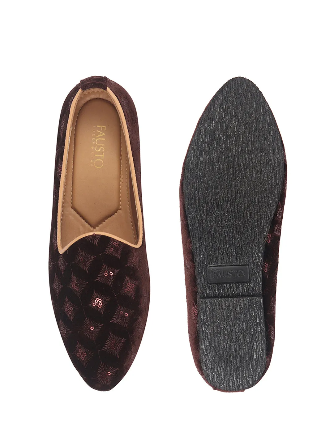 Men Brown Embroidery Sequin Ethnic Slip On Juttis and Mojaris for Wedding|Festive Party Slip-On|Traditional Sherwani Shoes
