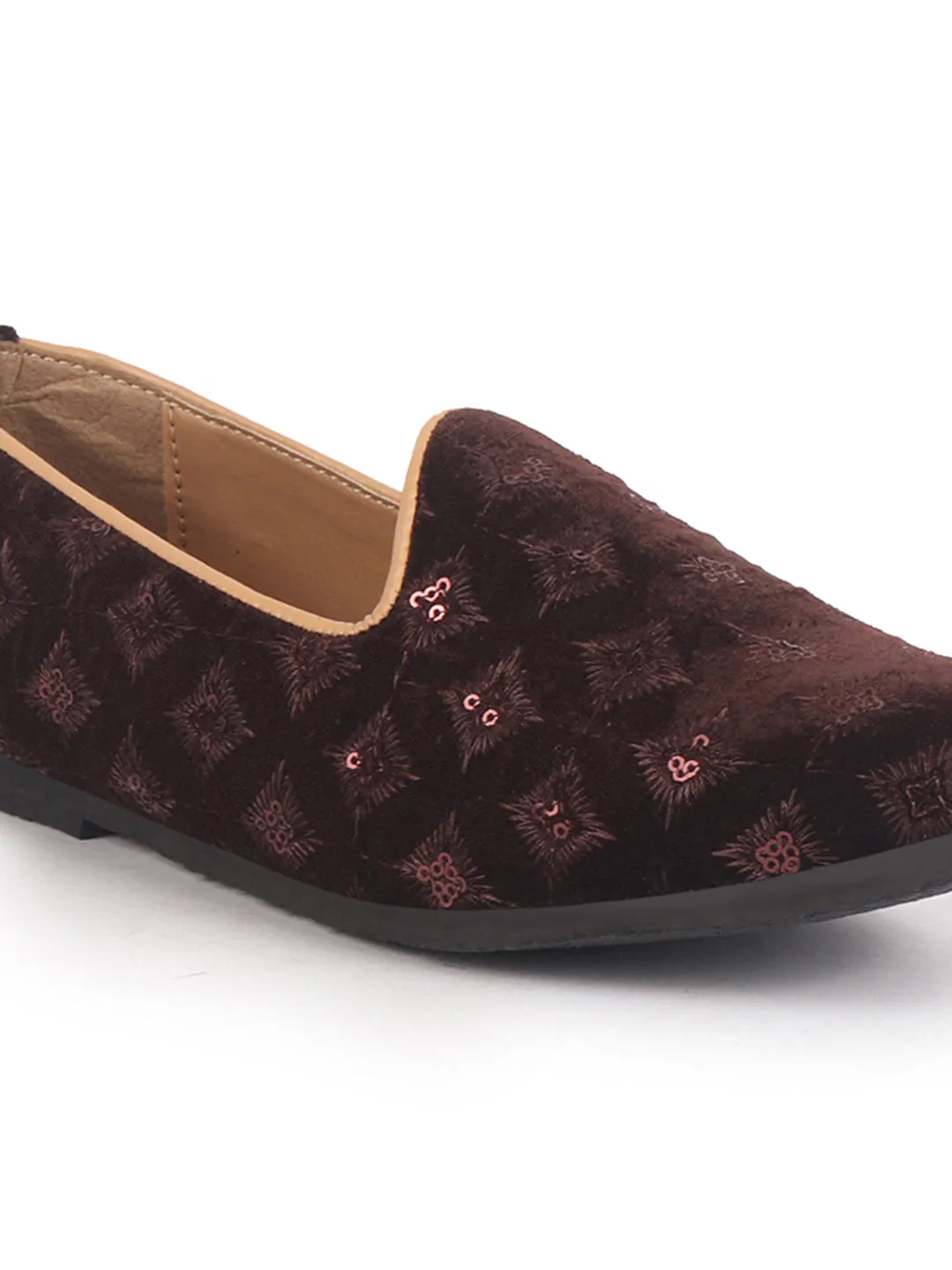 Men Brown Embroidery Sequin Ethnic Slip On Juttis and Mojaris for Wedding|Festive Party Slip-On|Traditional Sherwani Shoes