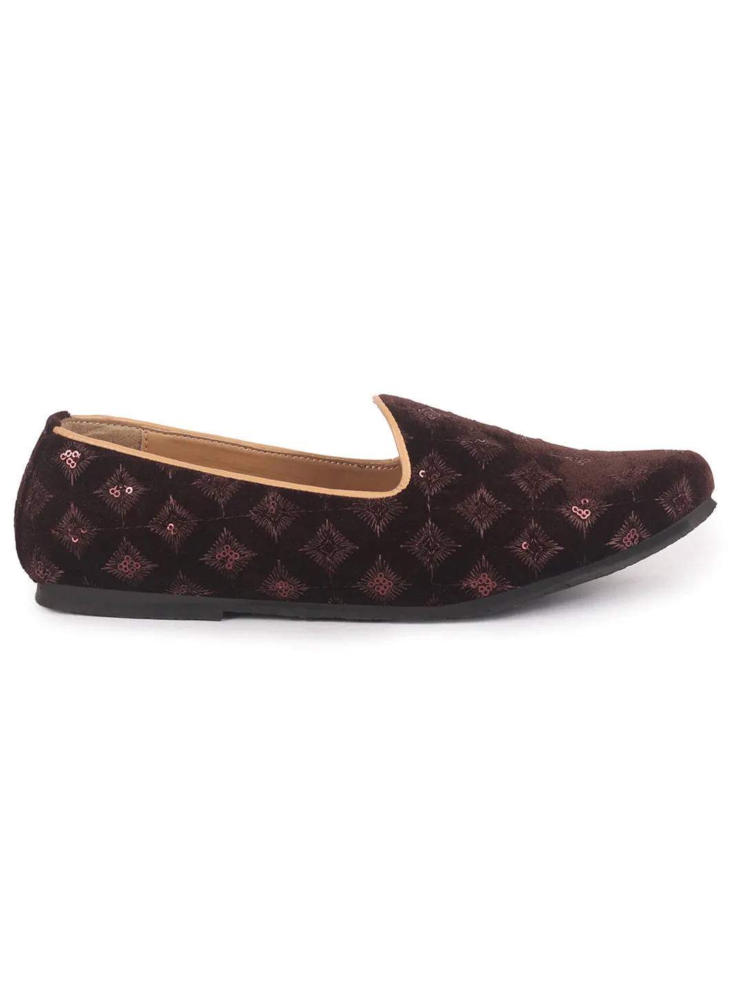 Men Brown Embroidery Sequin Ethnic Slip On Juttis and Mojaris for Wedding|Festive Party Slip-On|Traditional Sherwani Shoes