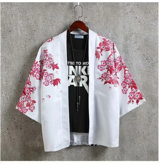 Men Summer Loose Cotton Kimono Jacket Streetwear Open Stitch 3/4 Sleeve Cardigan Japanese Style Harajuku Coat