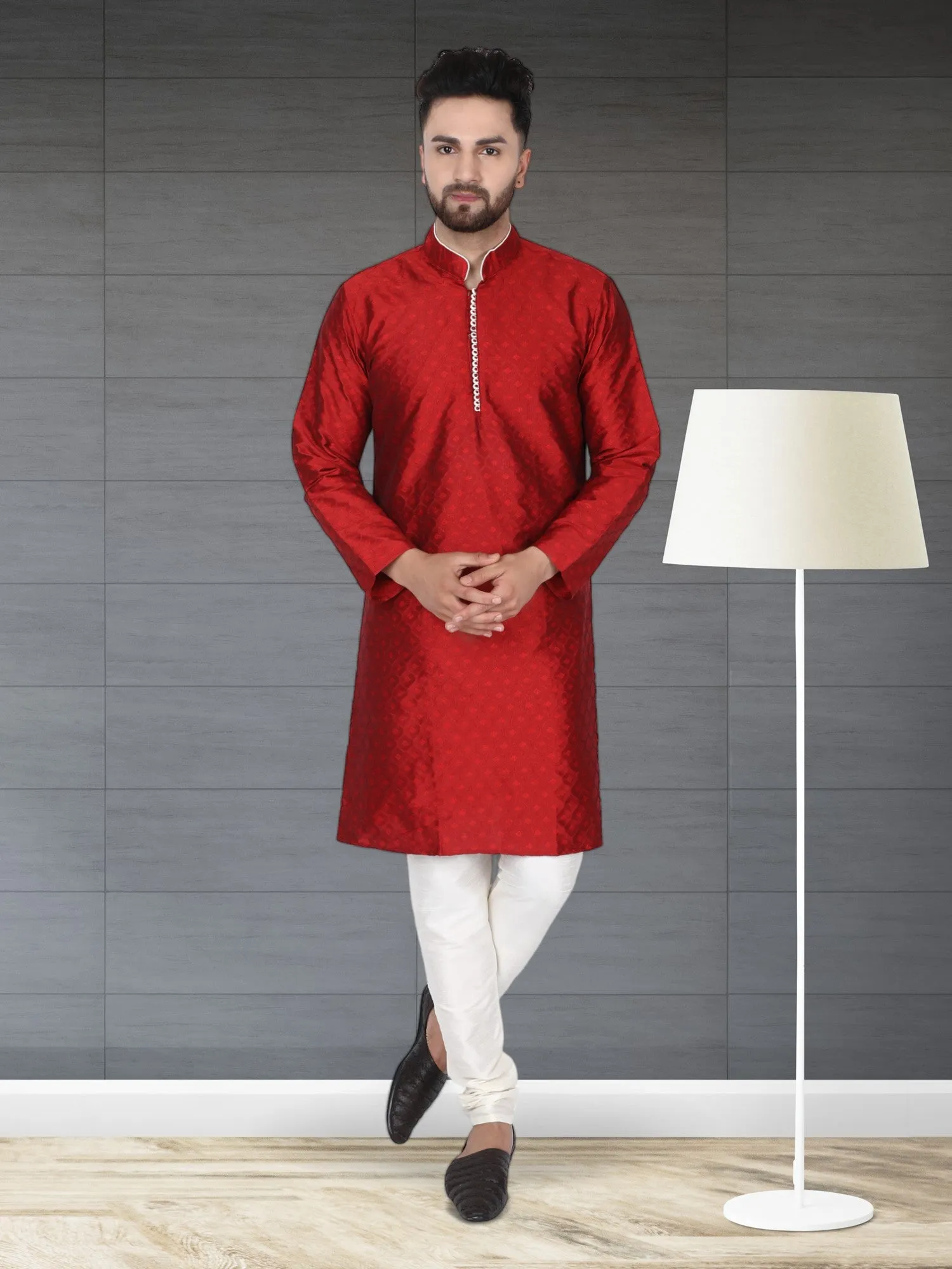 Men's Tunic Indian Art Silk Kurta Pajama Wedding Party Festive Season Dress Set Red