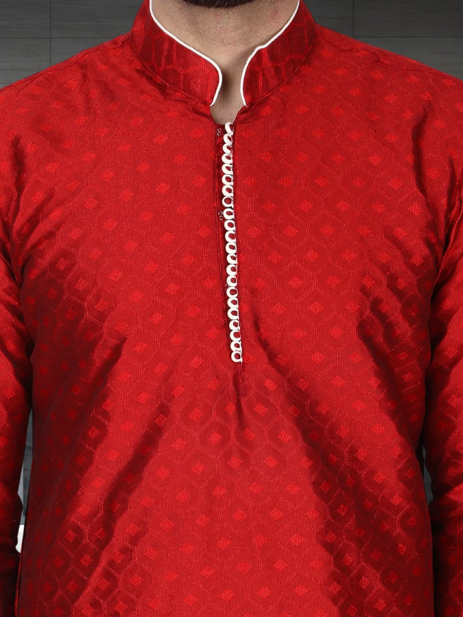 Men's Tunic Indian Art Silk Kurta Pajama Wedding Party Festive Season Dress Set Red