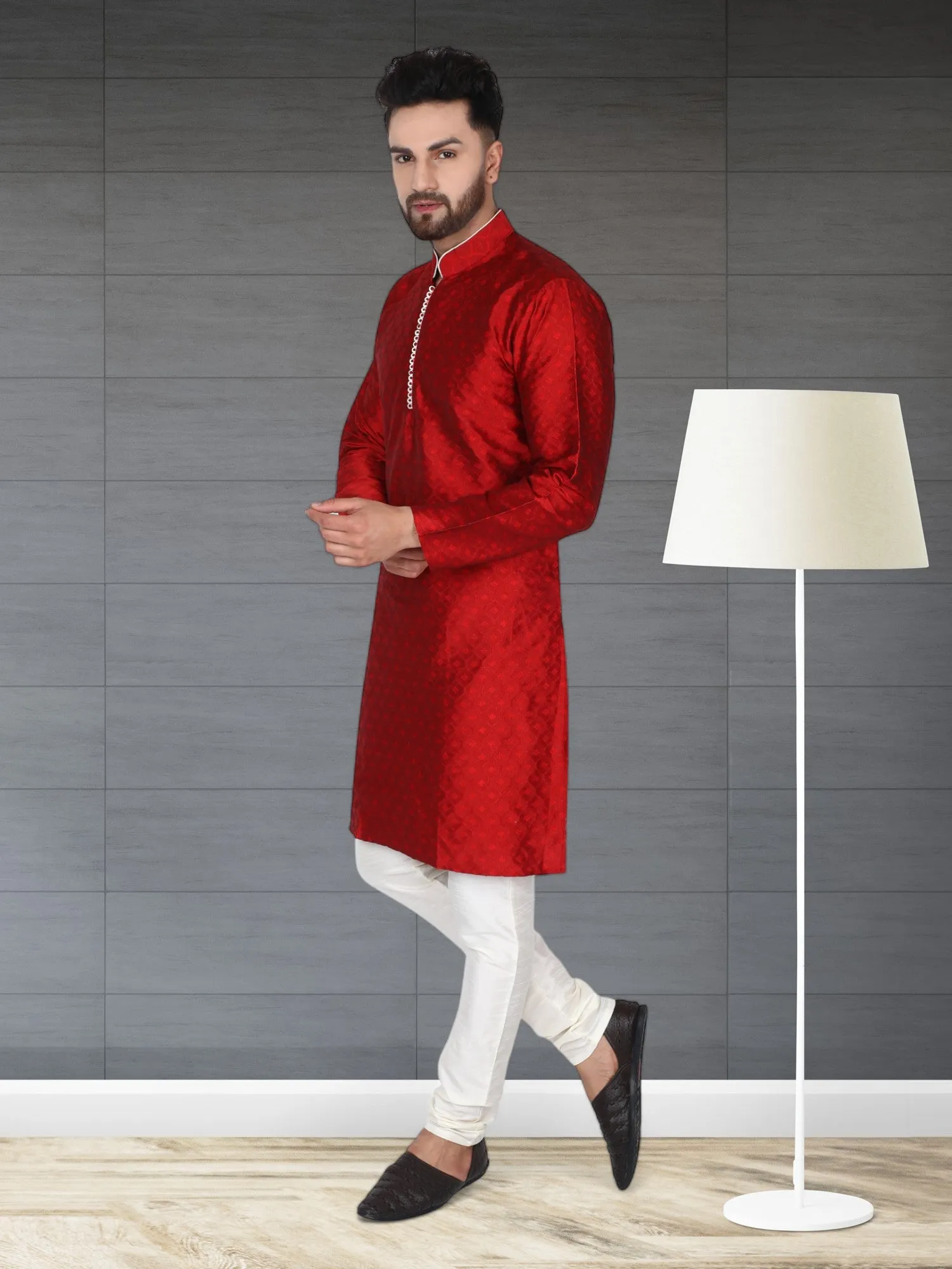 Men's Tunic Indian Art Silk Kurta Pajama Wedding Party Festive Season Dress Set Red