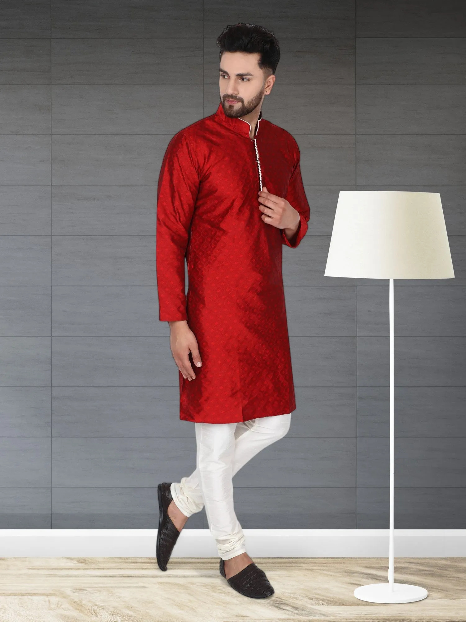 Men's Tunic Indian Art Silk Kurta Pajama Wedding Party Festive Season Dress Set Red