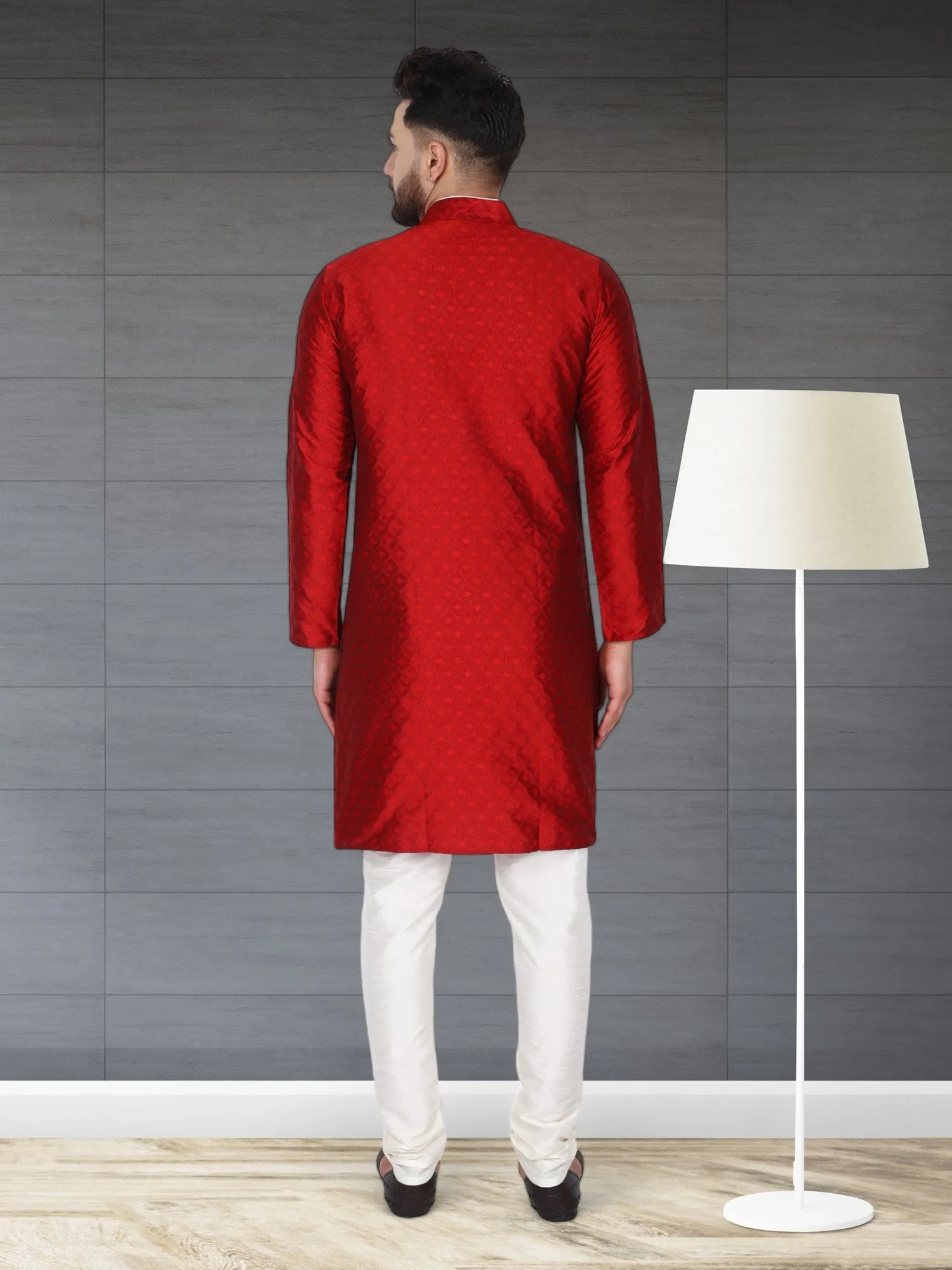 Men's Tunic Indian Art Silk Kurta Pajama Wedding Party Festive Season Dress Set Red