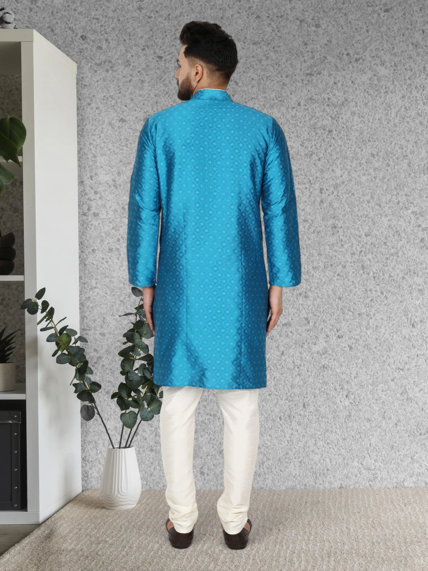 Men's Tunic Indian Art Silk Kurta Pajama Wedding Party Festive Season Dress Set Turquoise