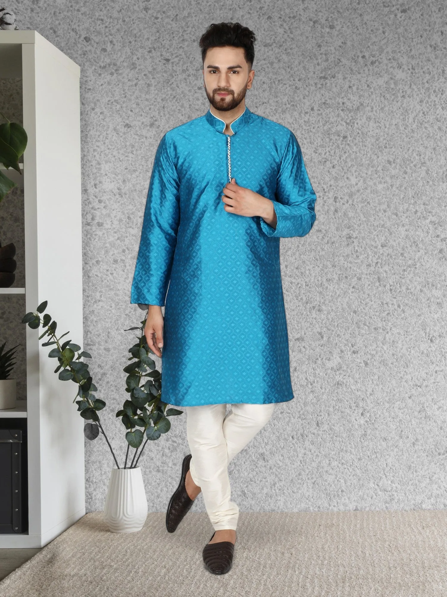 Men's Tunic Indian Art Silk Kurta Pajama Wedding Party Festive Season Dress Set Turquoise