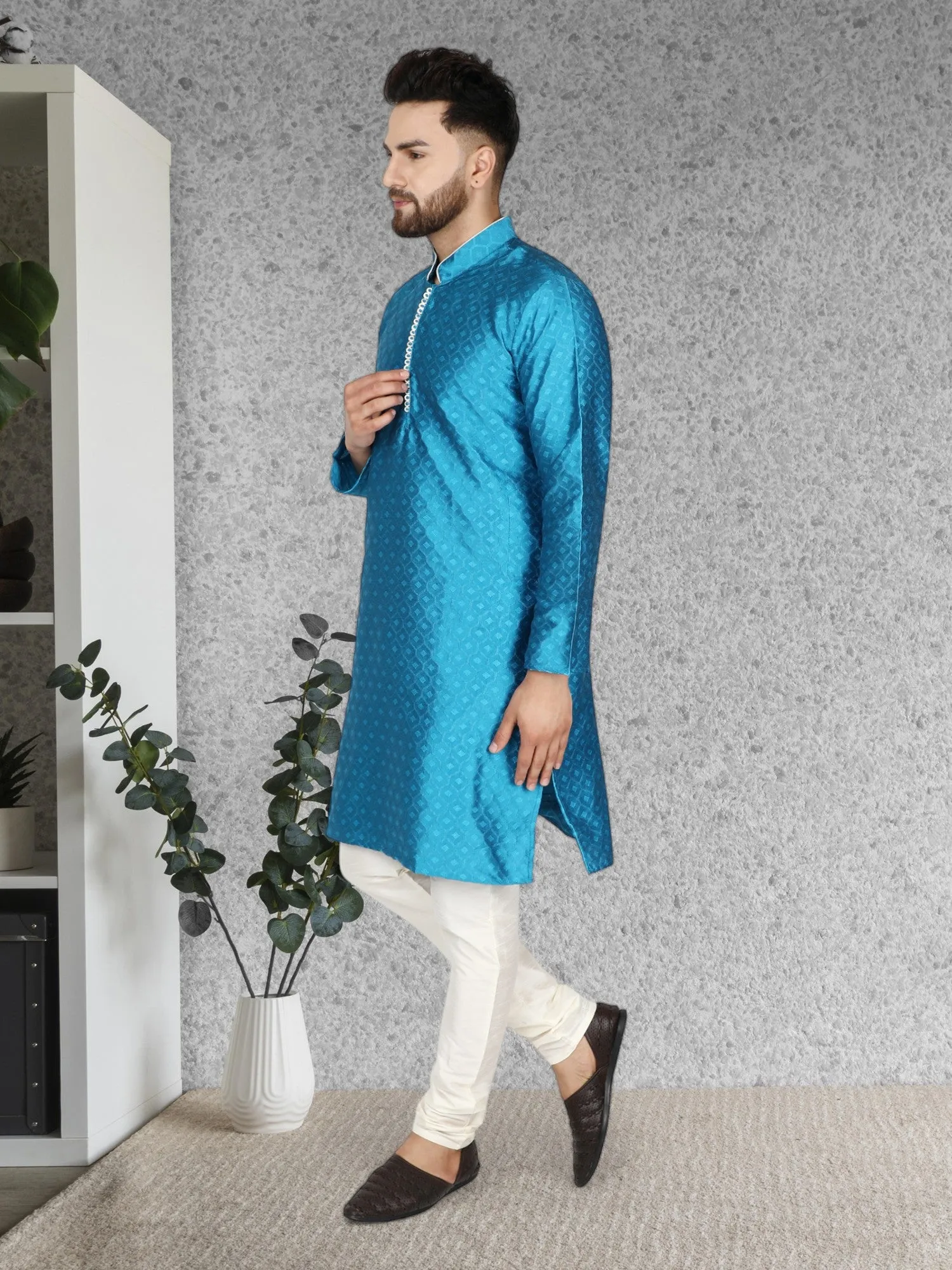 Men's Tunic Indian Art Silk Kurta Pajama Wedding Party Festive Season Dress Set Turquoise