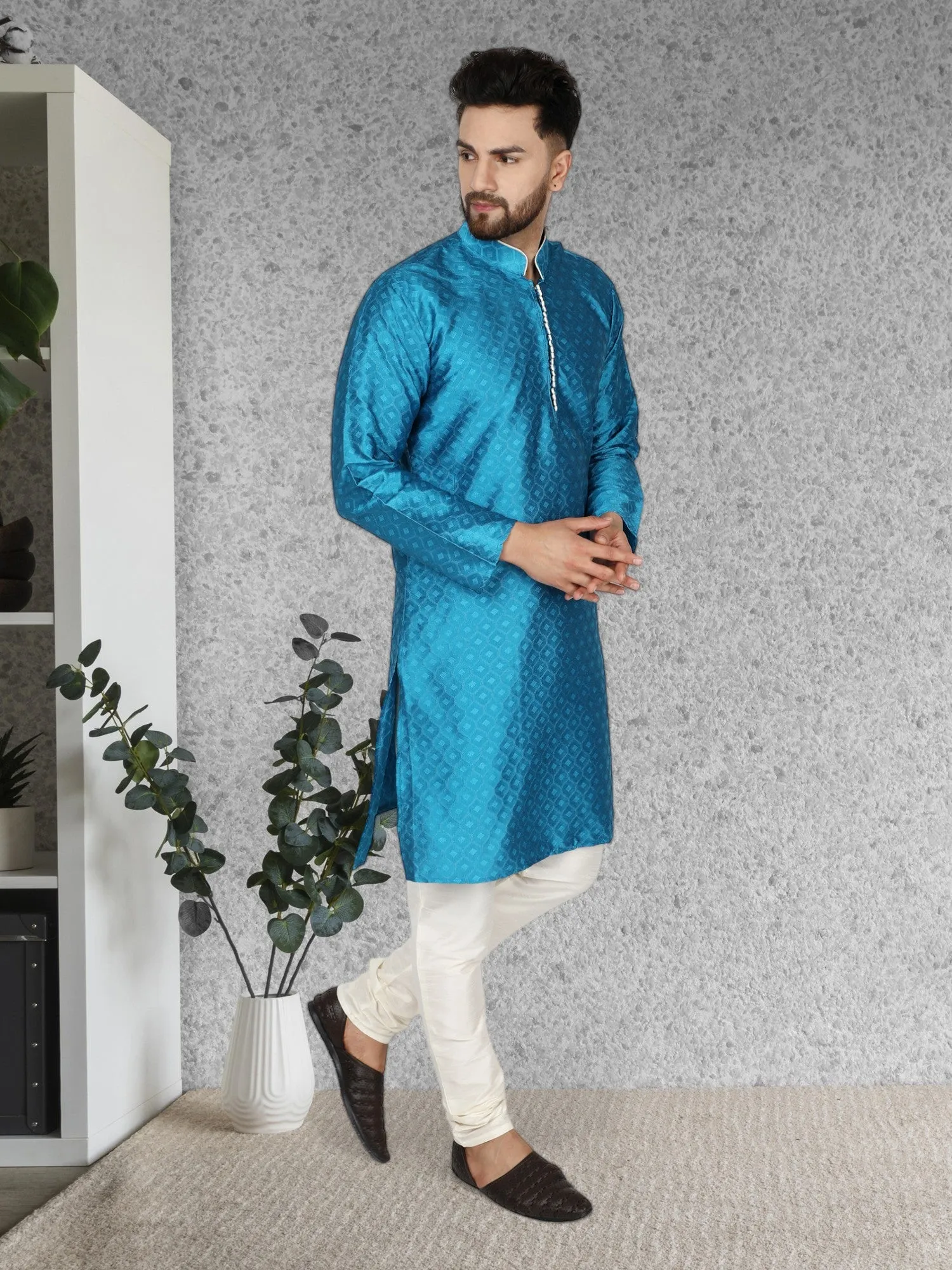 Men's Tunic Indian Art Silk Kurta Pajama Wedding Party Festive Season Dress Set Turquoise