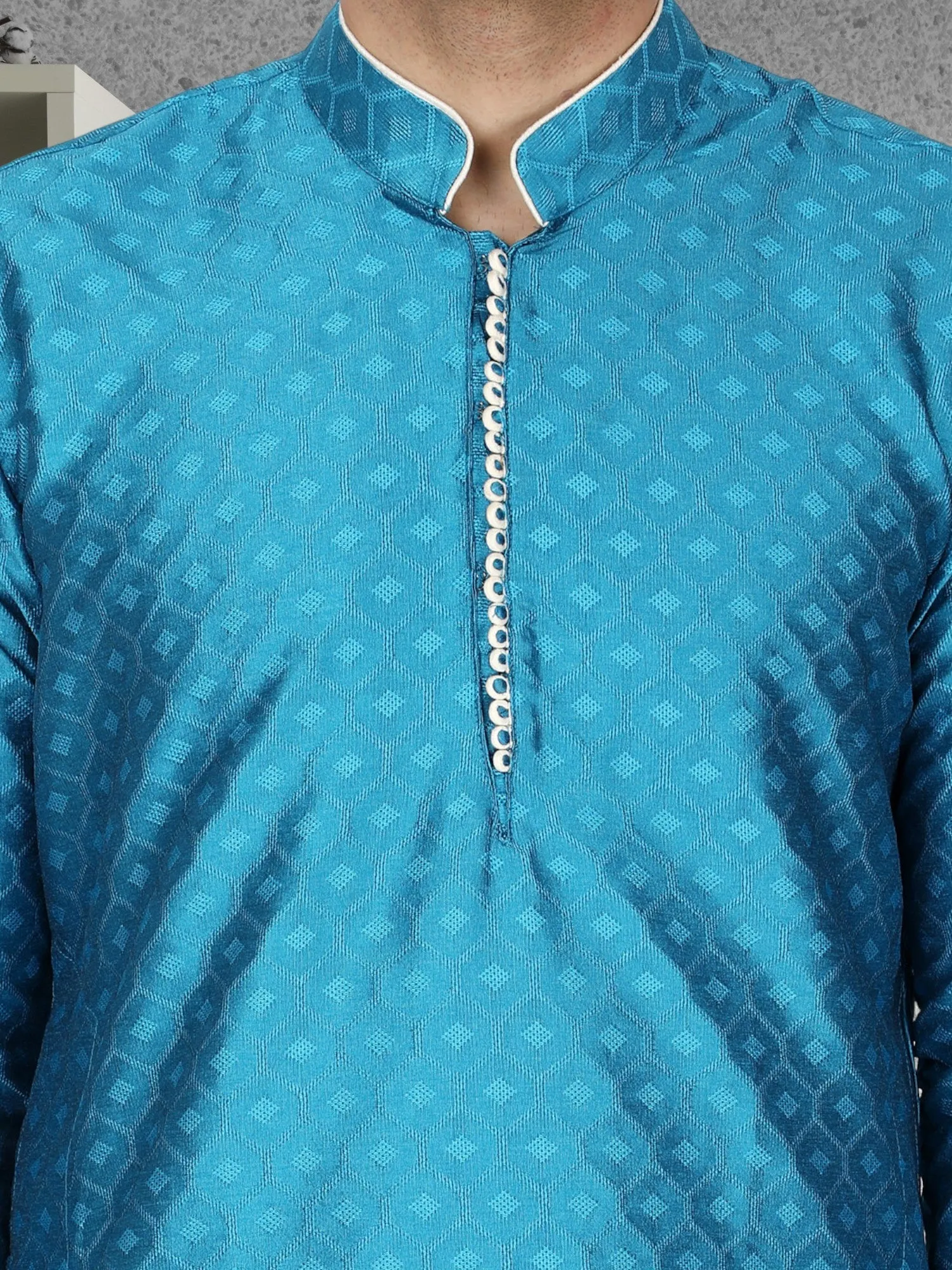 Men's Tunic Indian Art Silk Kurta Pajama Wedding Party Festive Season Dress Set Turquoise