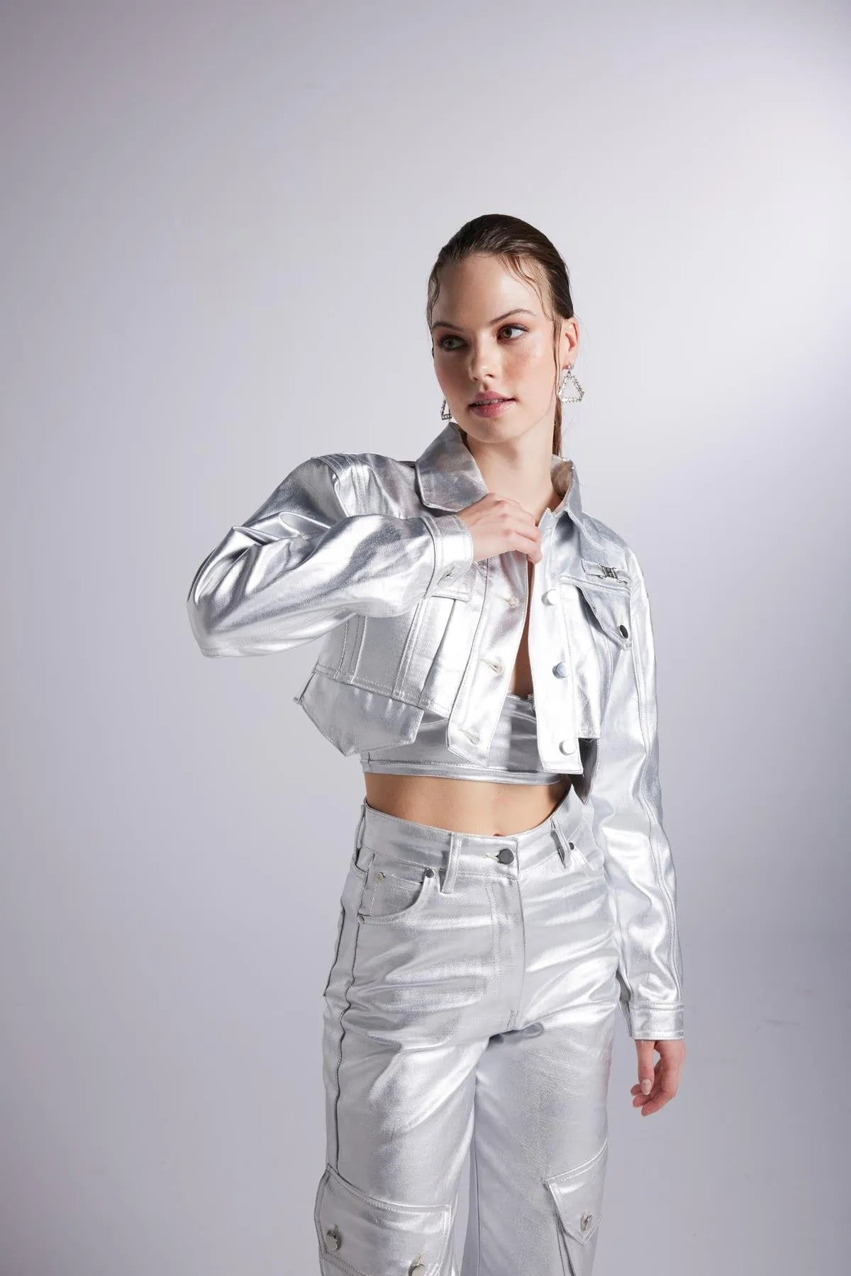 Metallic Grey Glossy Millen Cropped Jacket