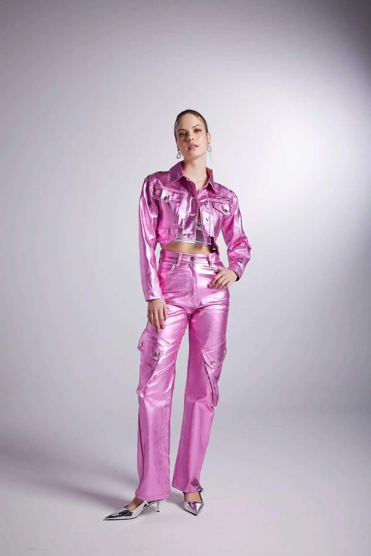 Metallic Pink Glossy Millen Cropped Jacket