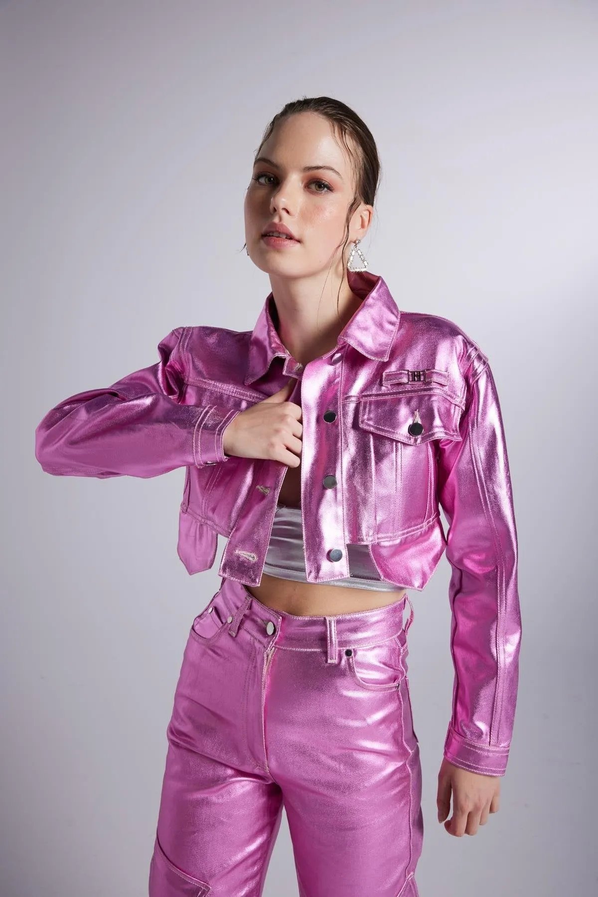 Metallic Pink Glossy Millen Cropped Jacket