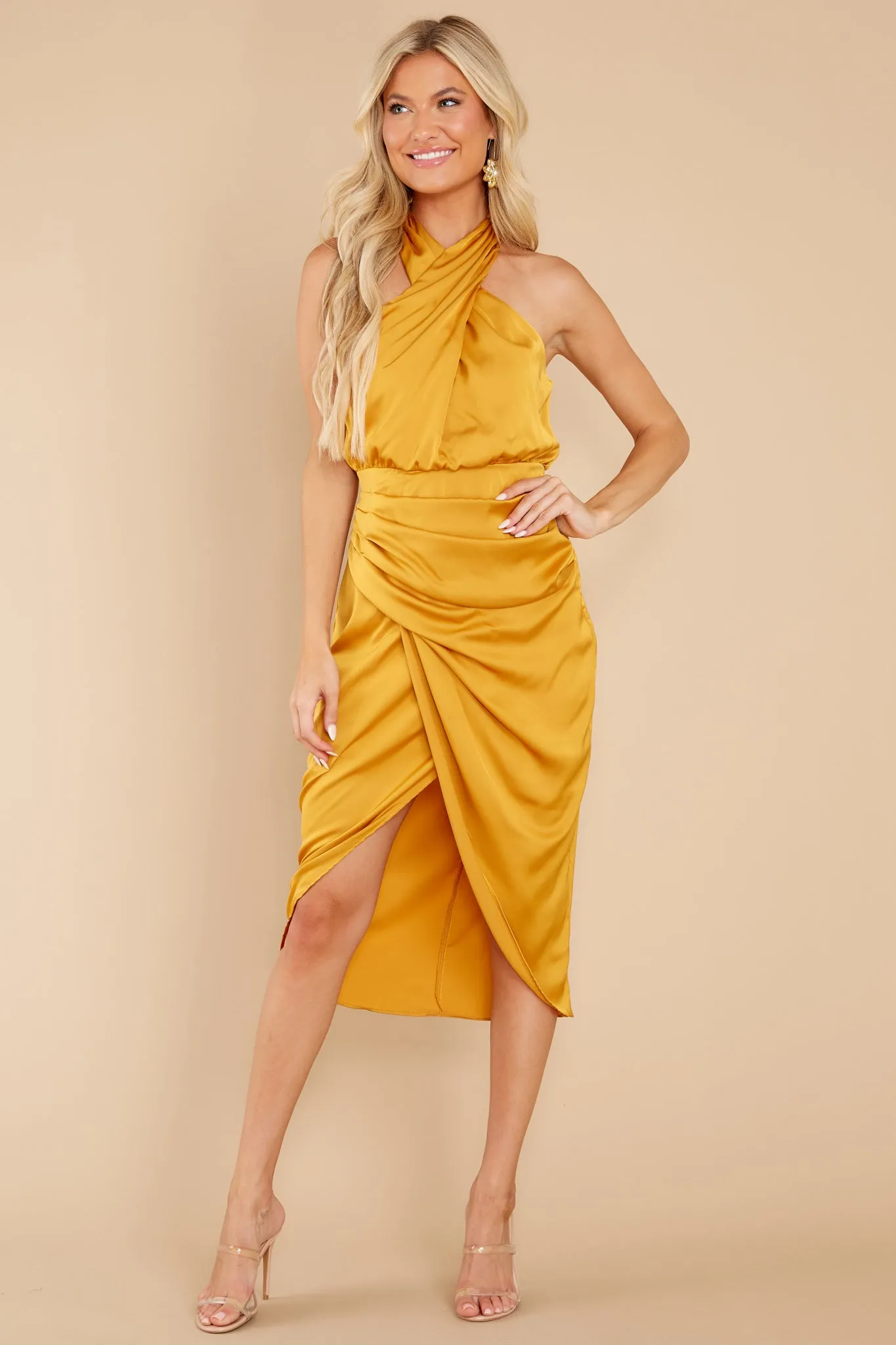 Midnight Chances Mustard Midi Dress