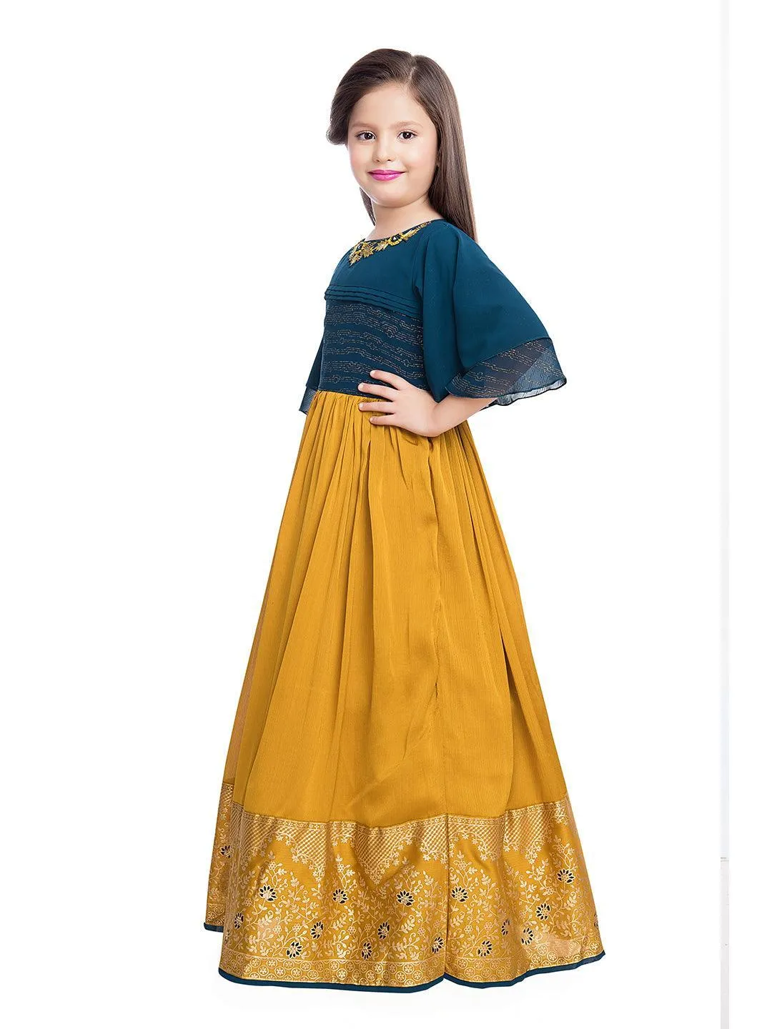 Mustard Coloured Georgette Bell Sleeve Styled Gown For Girls