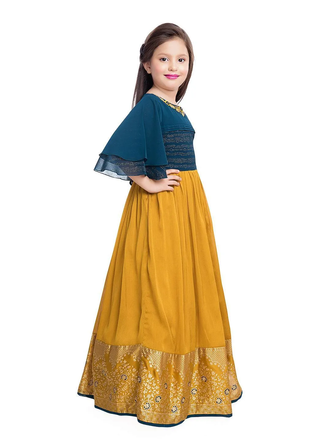 Mustard Coloured Georgette Bell Sleeve Styled Gown For Girls
