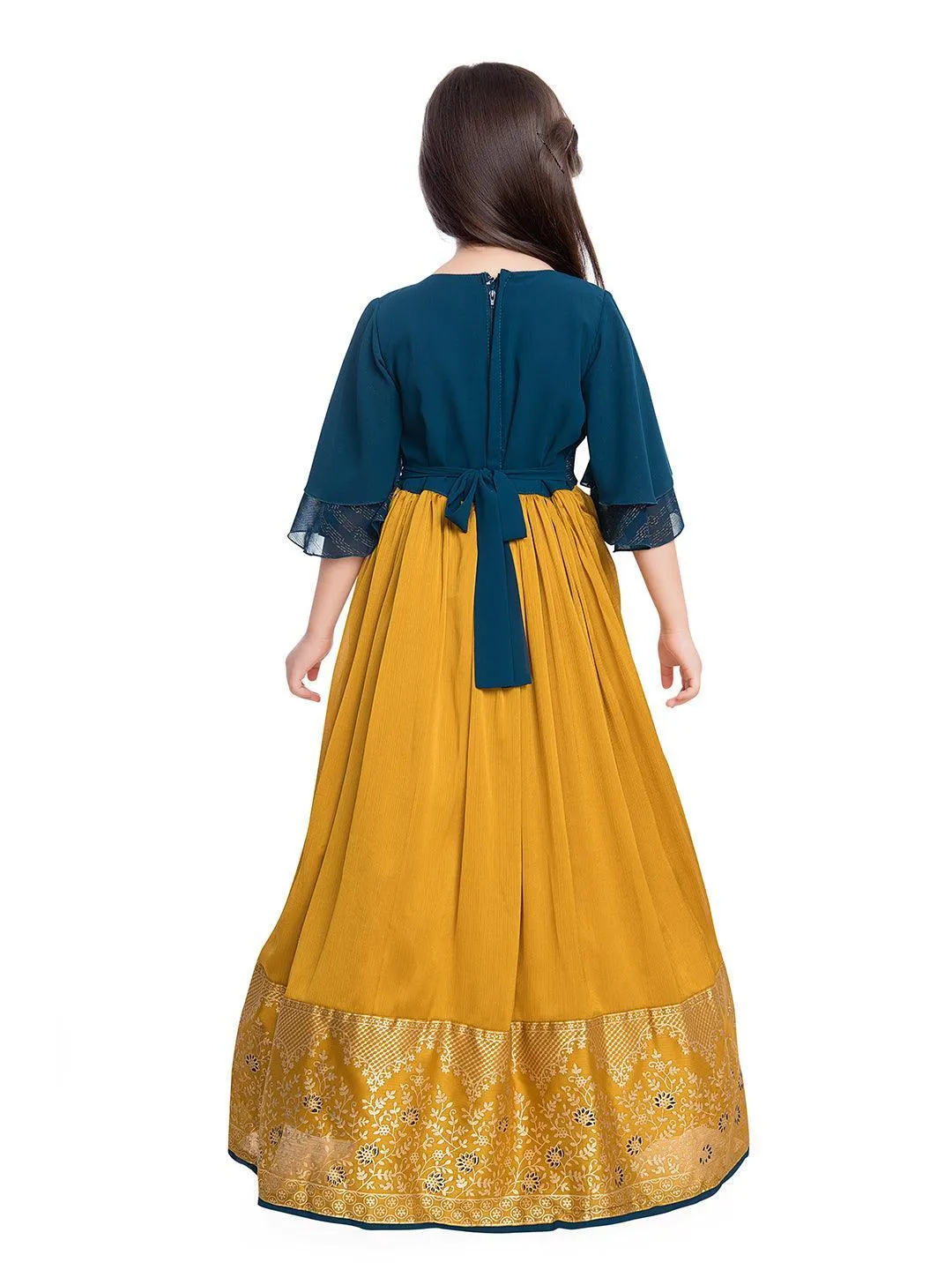 Mustard Coloured Georgette Bell Sleeve Styled Gown For Girls