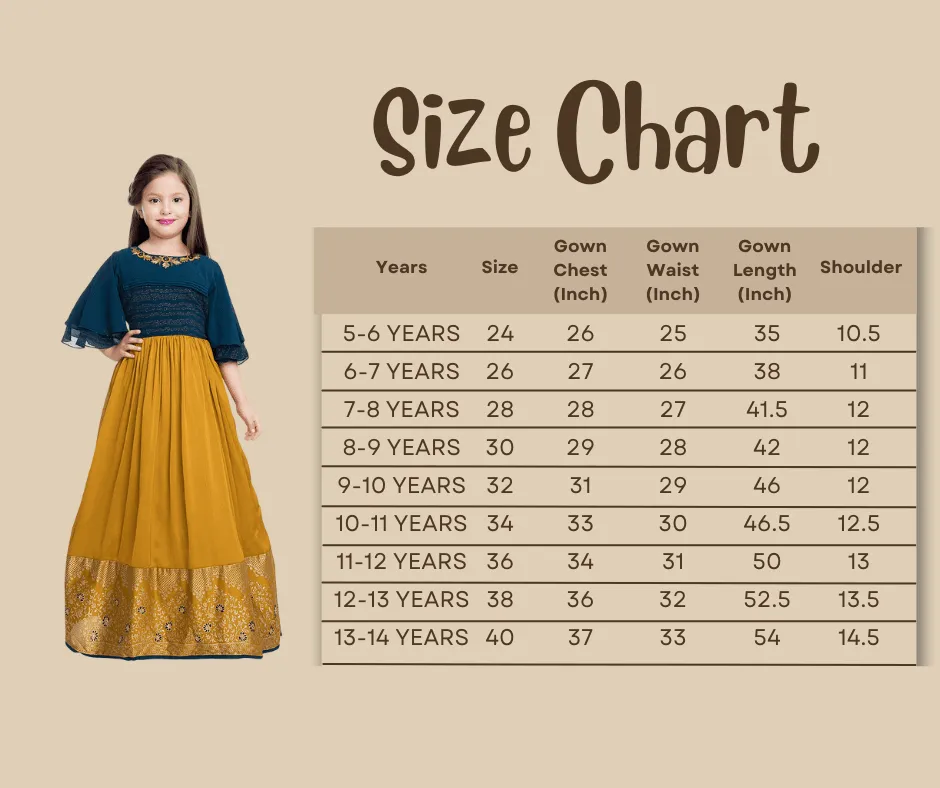 Mustard Coloured Georgette Bell Sleeve Styled Gown For Girls