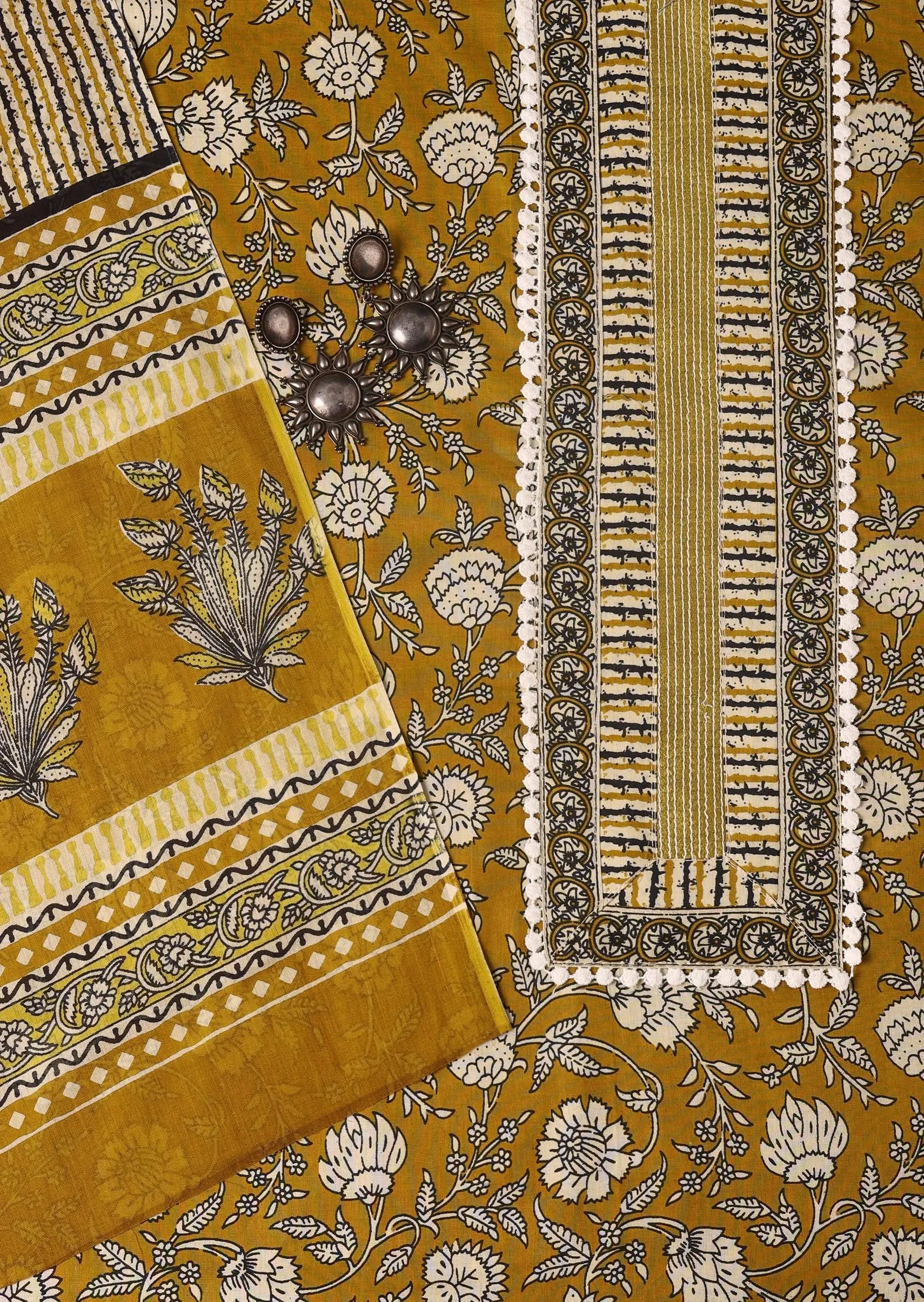 Mustard Cotton Kalamkari Printed Unstitched Dress Material