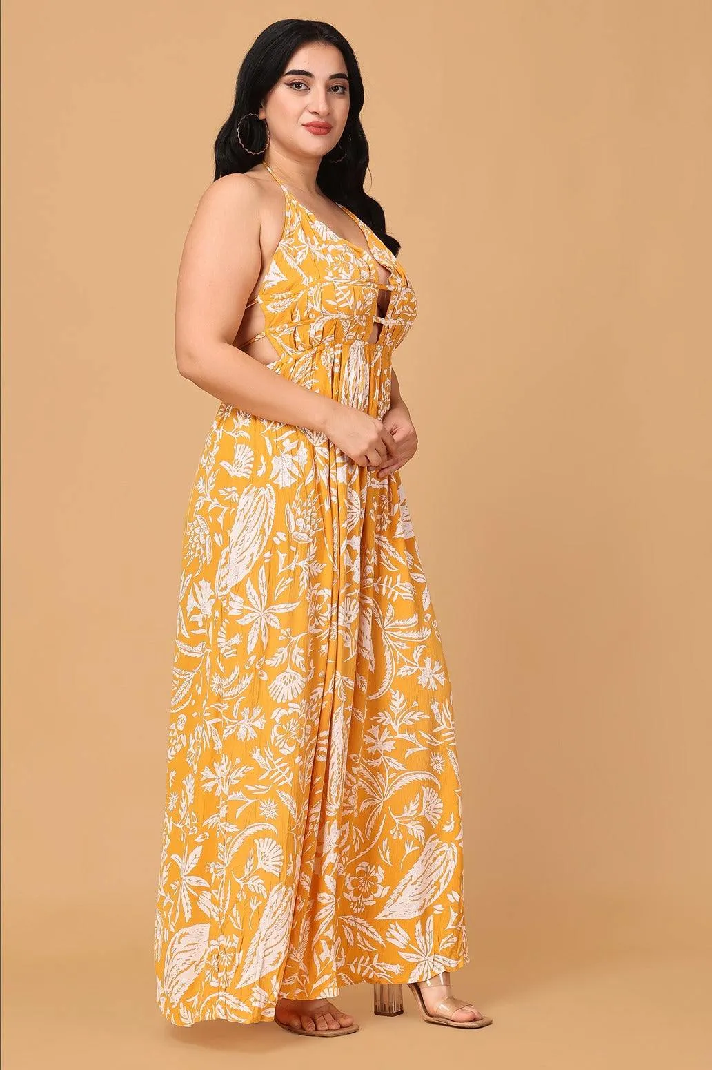 Mustard Floral Printed Maxi Dress