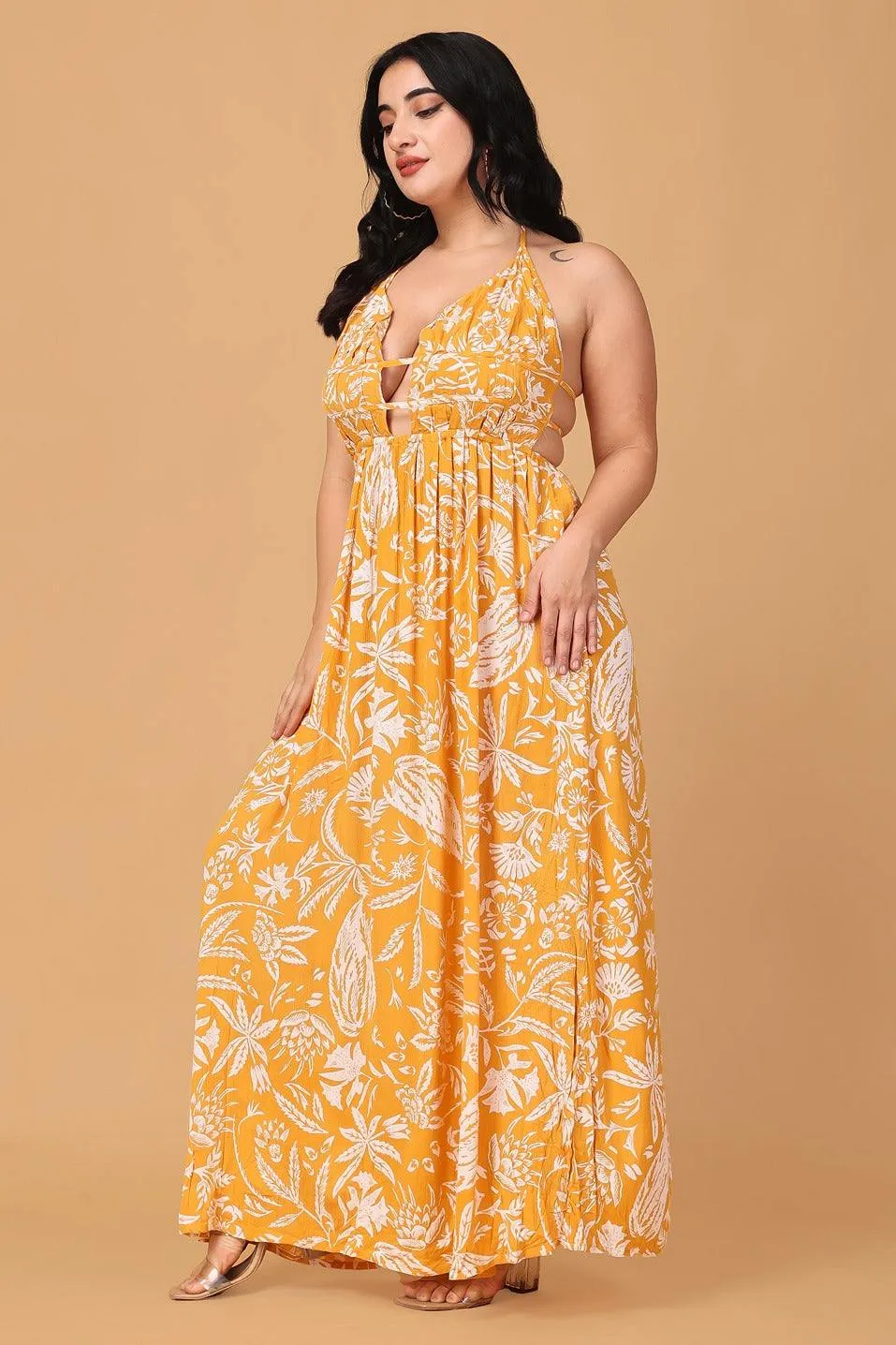 Mustard Floral Printed Maxi Dress