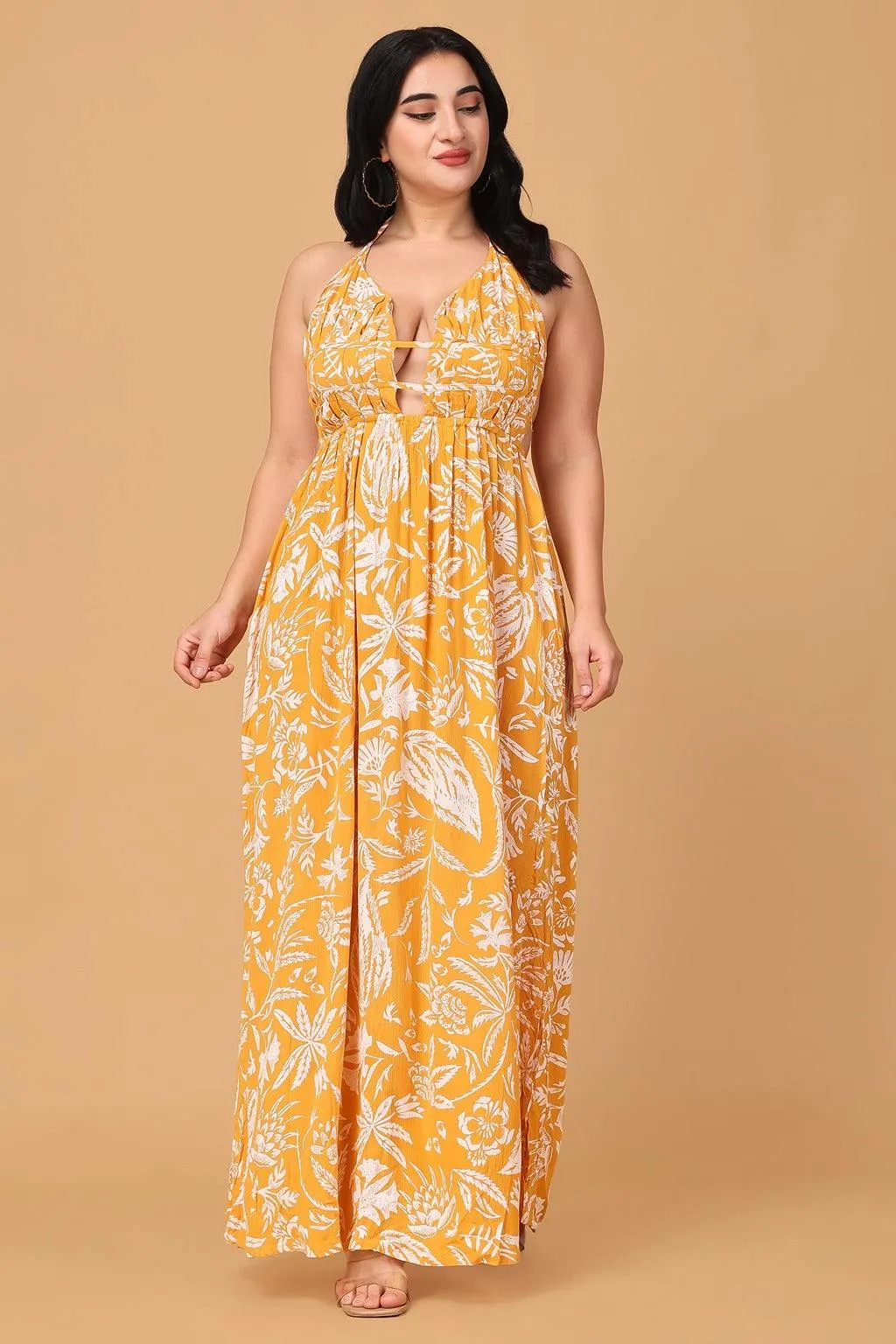 Mustard Floral Printed Maxi Dress