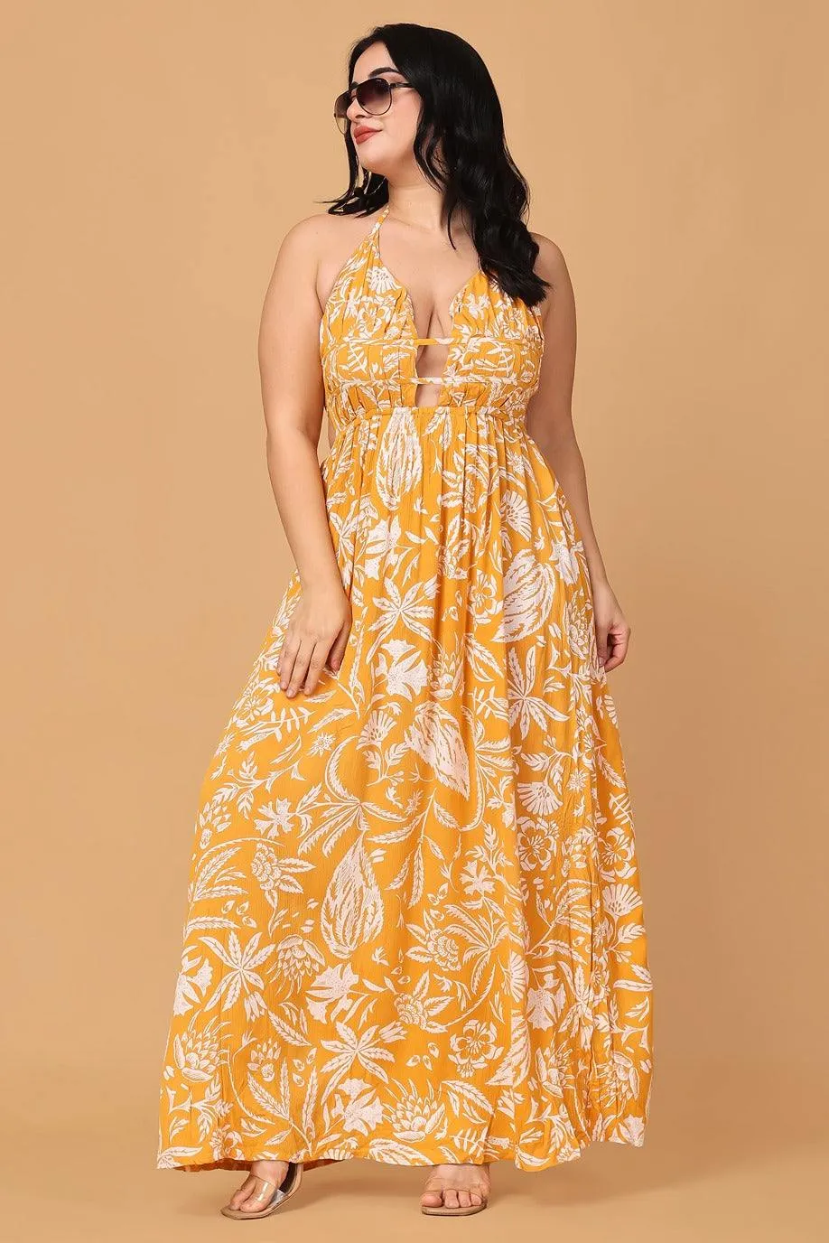 Mustard Floral Printed Maxi Dress