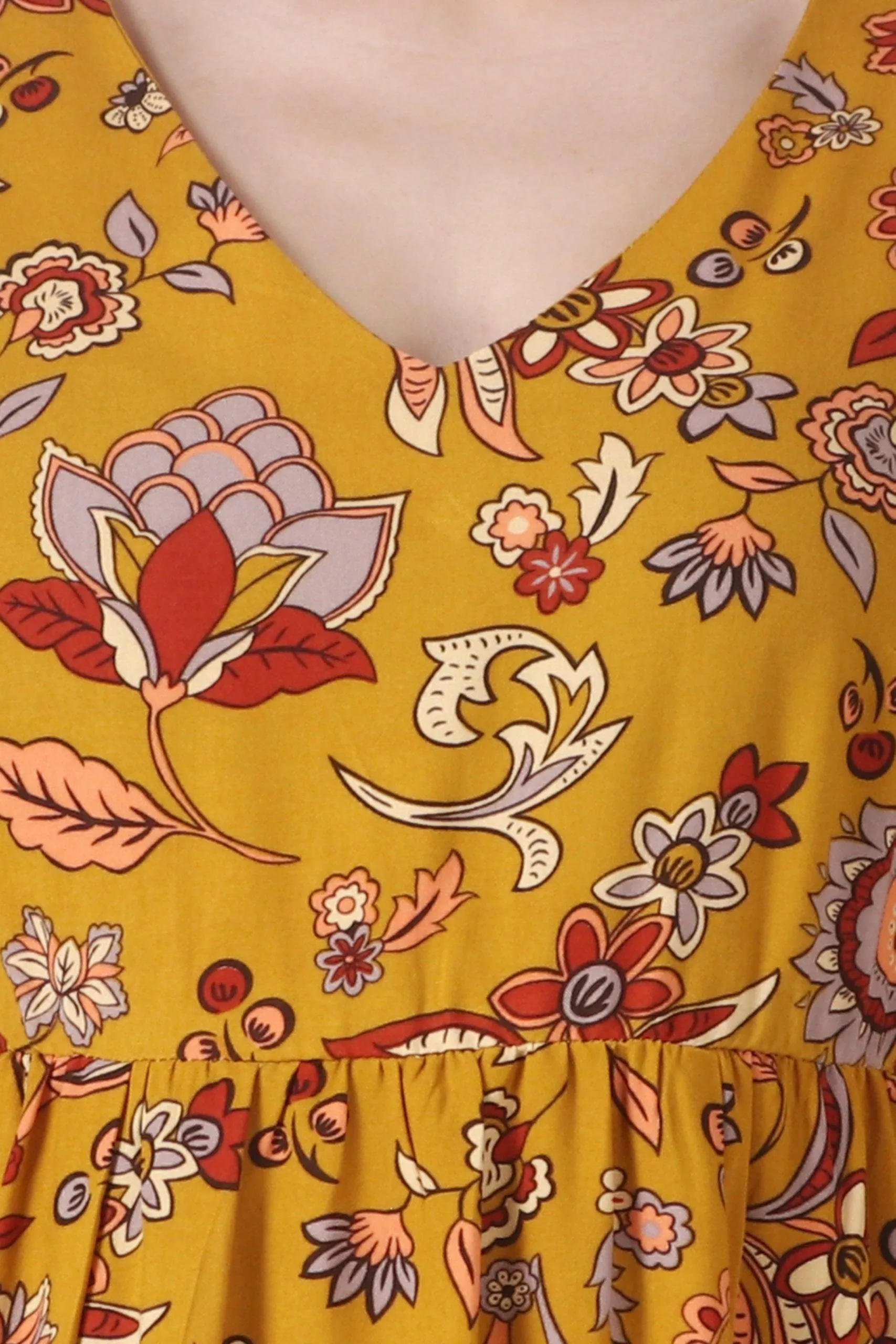 Mustard Floral Printed Side Slit Dress