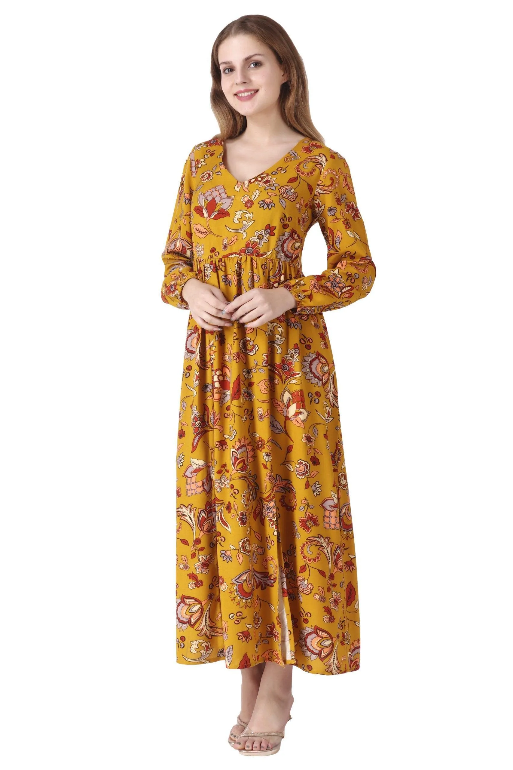 Mustard Floral Printed Side Slit Dress