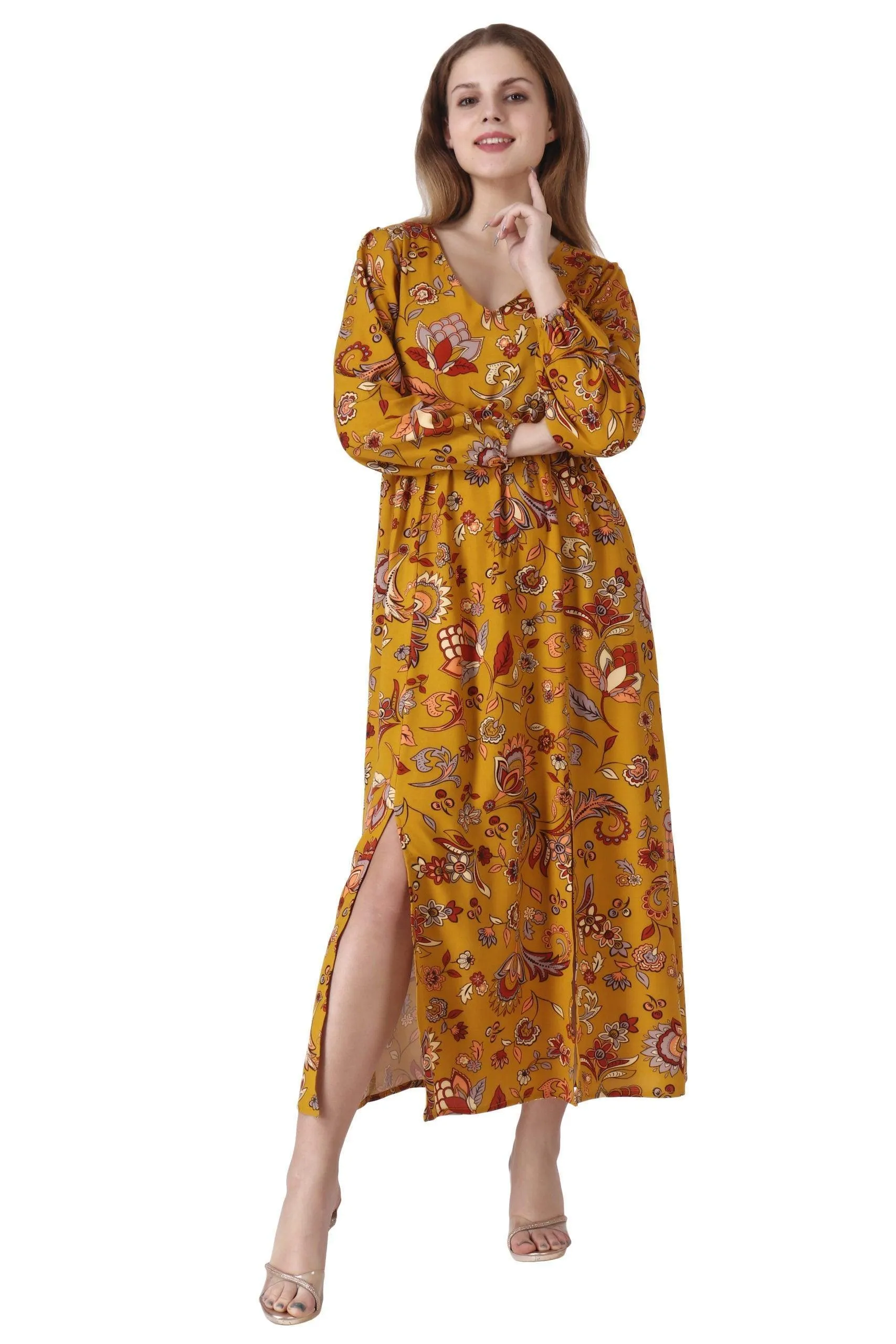 Mustard Floral Printed Side Slit Dress