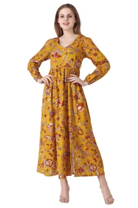 Mustard Floral Printed Side Slit Dress