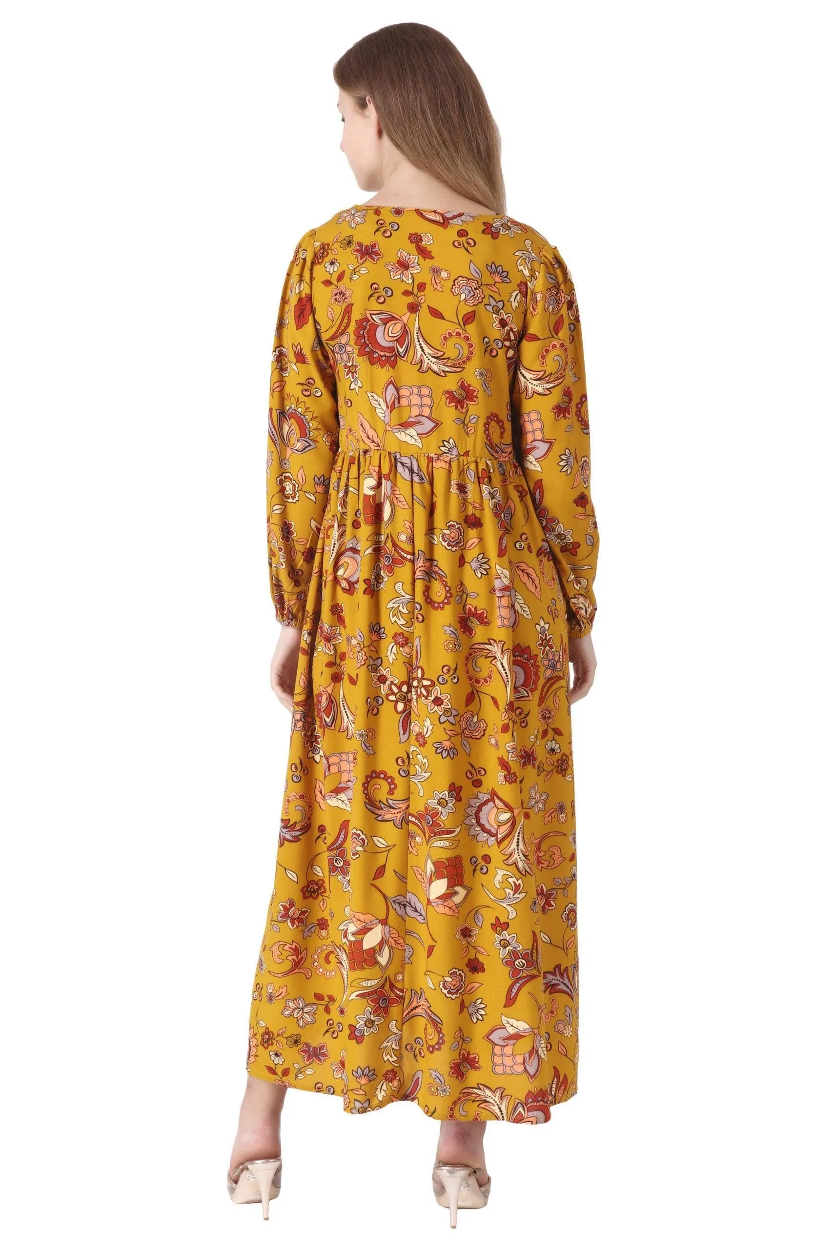 Mustard Floral Printed Side Slit Dress