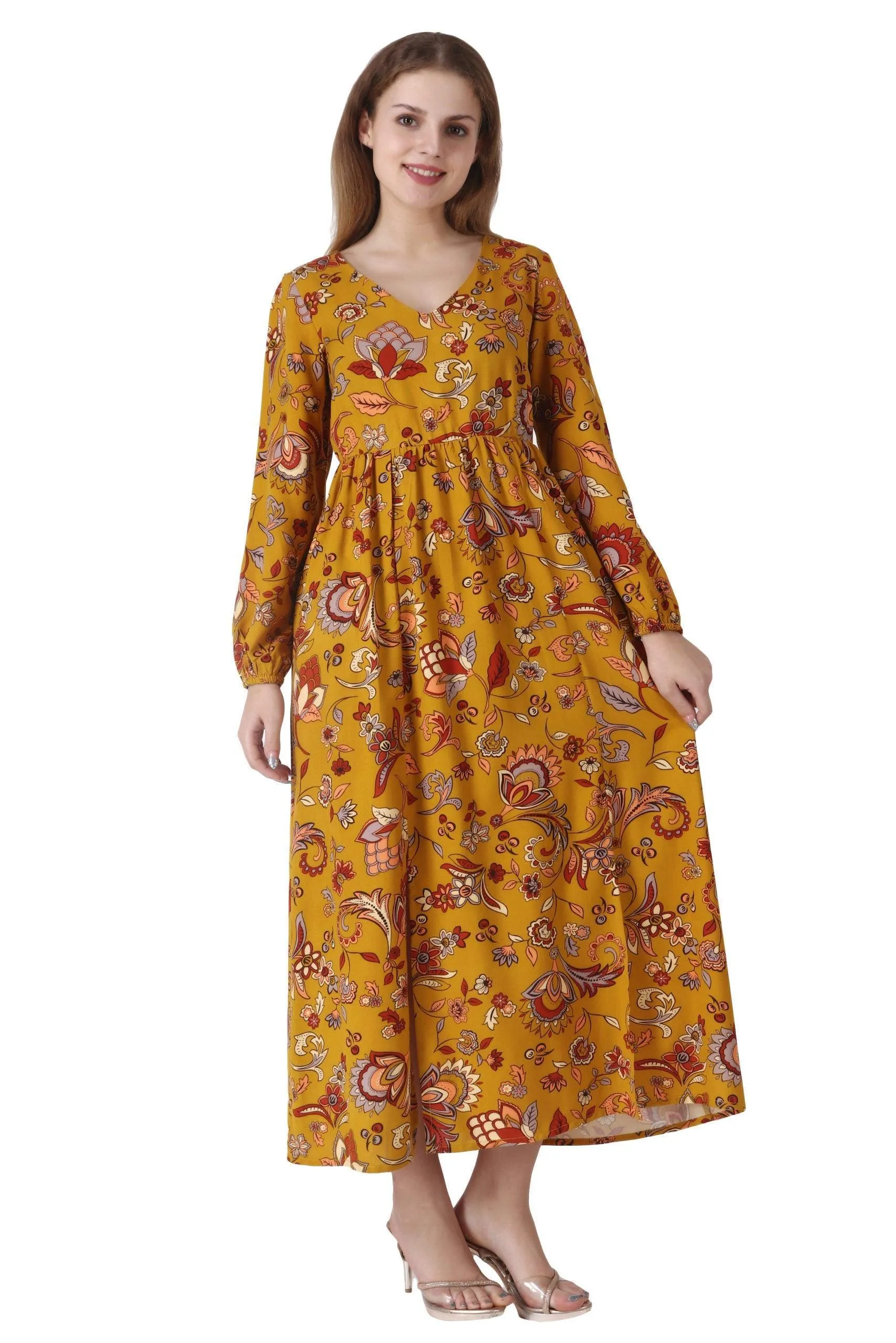 Mustard Floral Printed Side Slit Dress