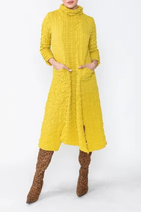 Mustard Mock Neck W/ Shirring Front Slit Uneven Hem 3/4 Sleeve Maxi Dress