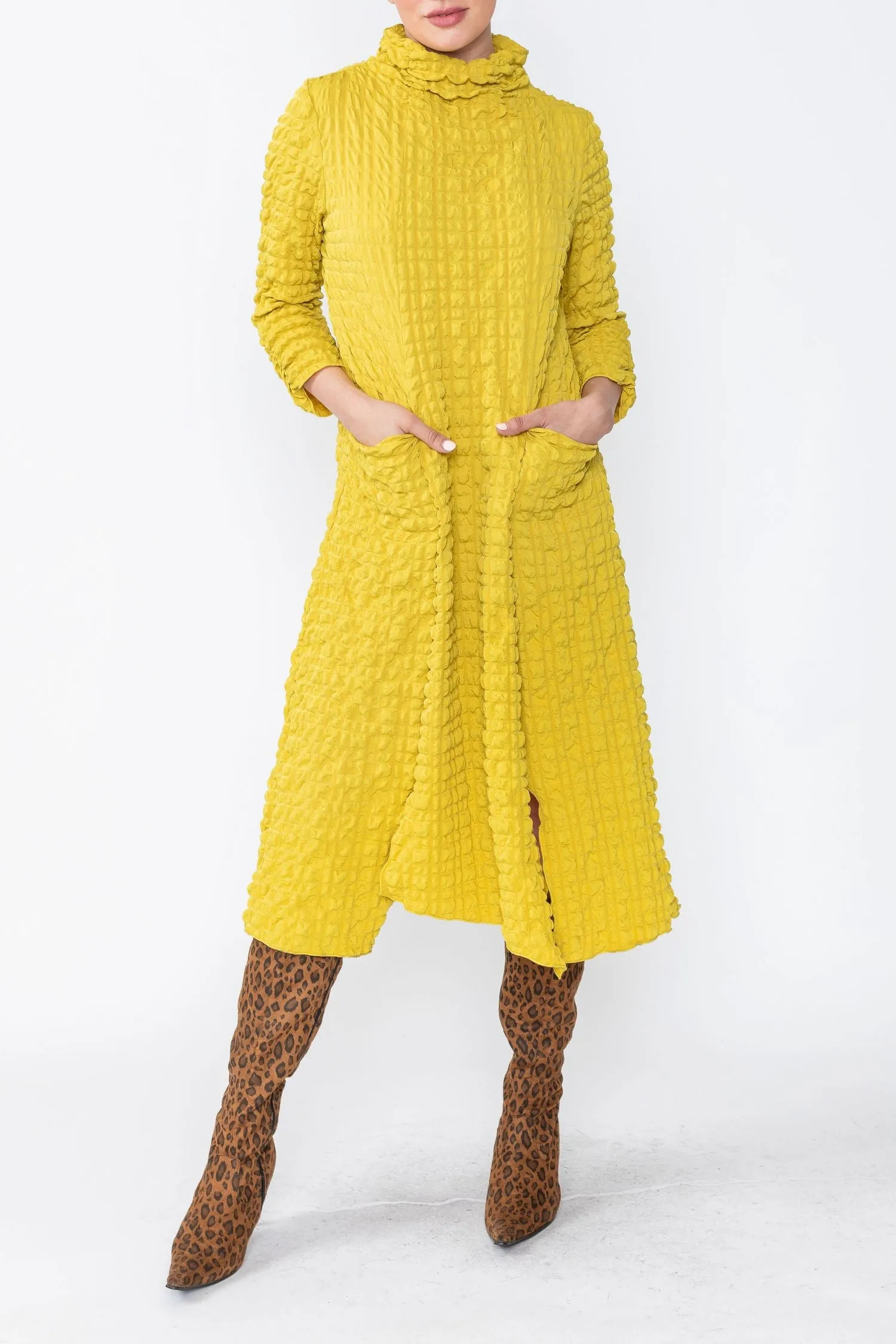 Mustard Mock Neck W/ Shirring Front Slit Uneven Hem 3/4 Sleeve Maxi Dress