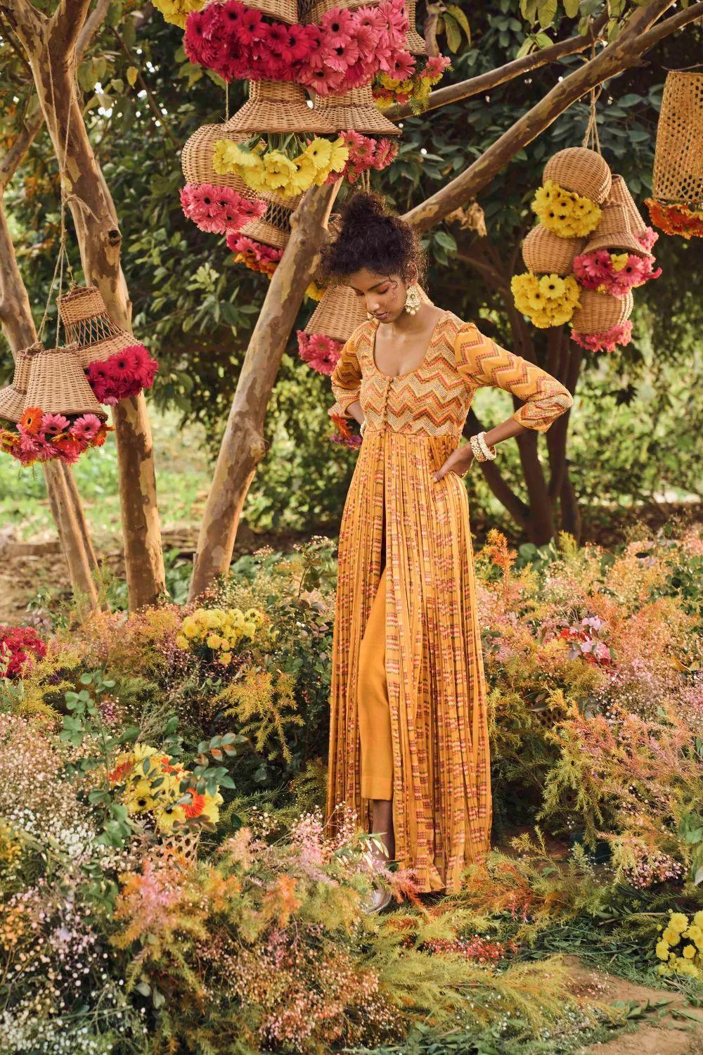 Mustard Printed Maxi Dress With Pants