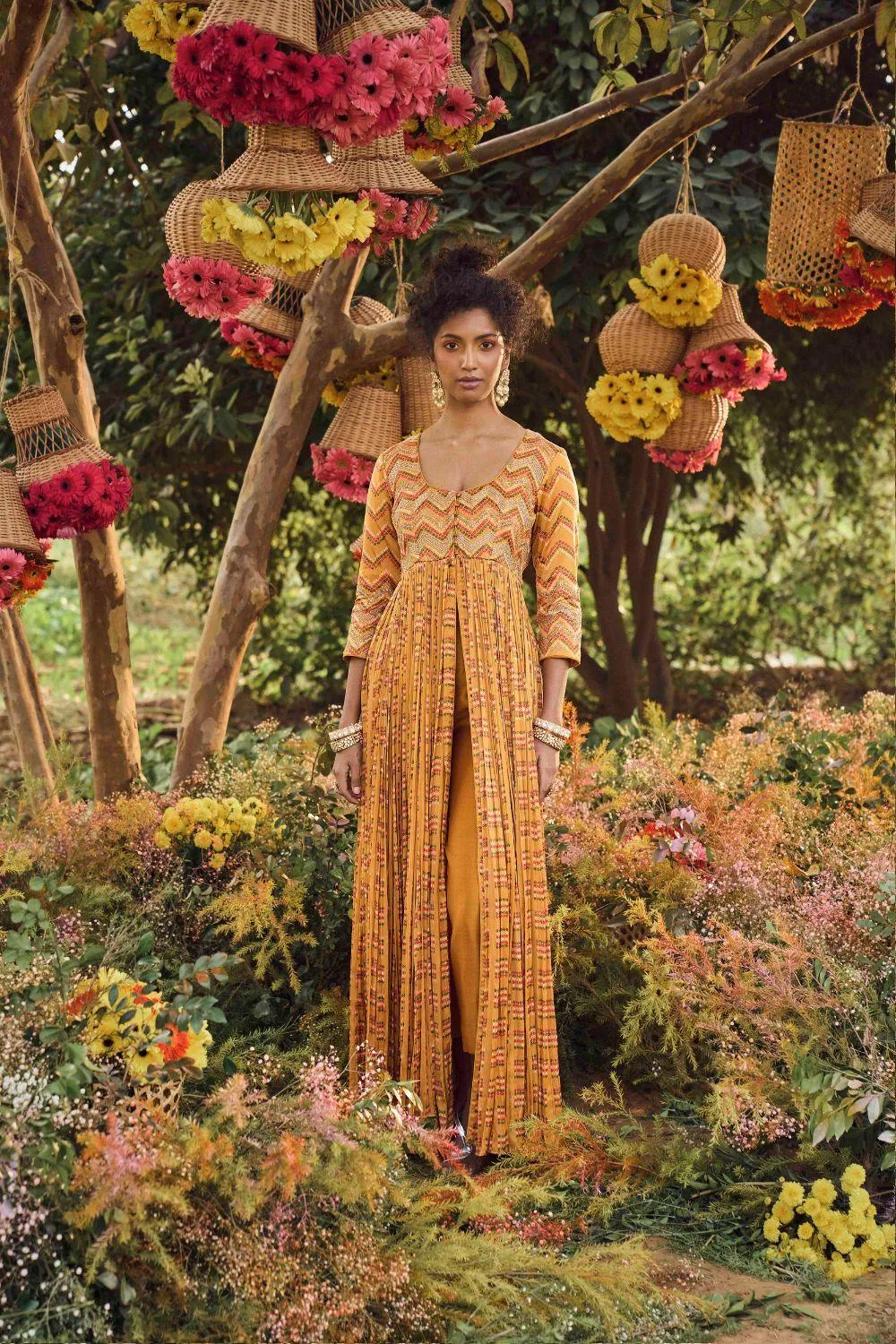 Mustard Printed Maxi Dress With Pants
