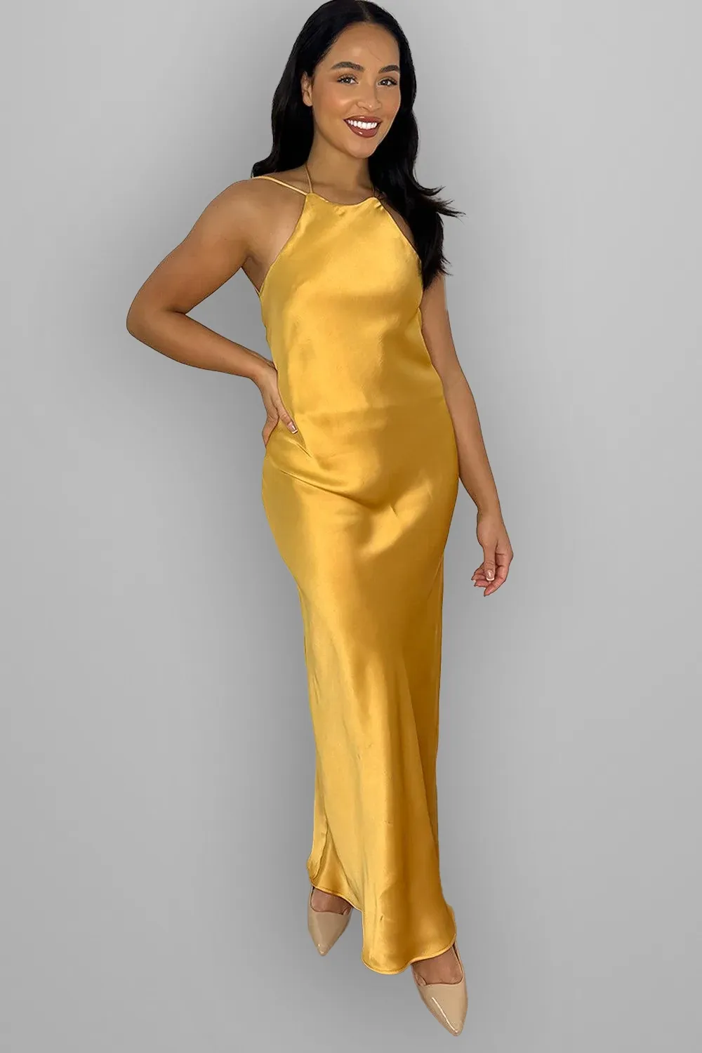 Mustard Strappy Open Back Maxi Evening Dress