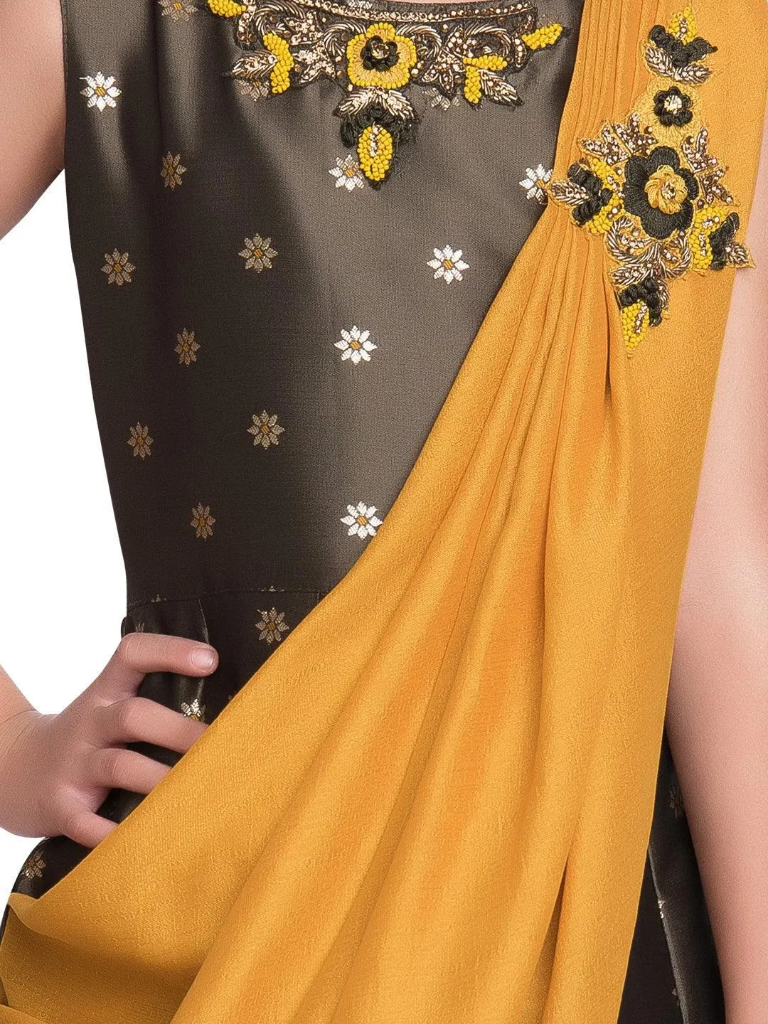 Mustard Yellow & Brown Embellished Broket Gown With Dupatta Style Gown For Girls
