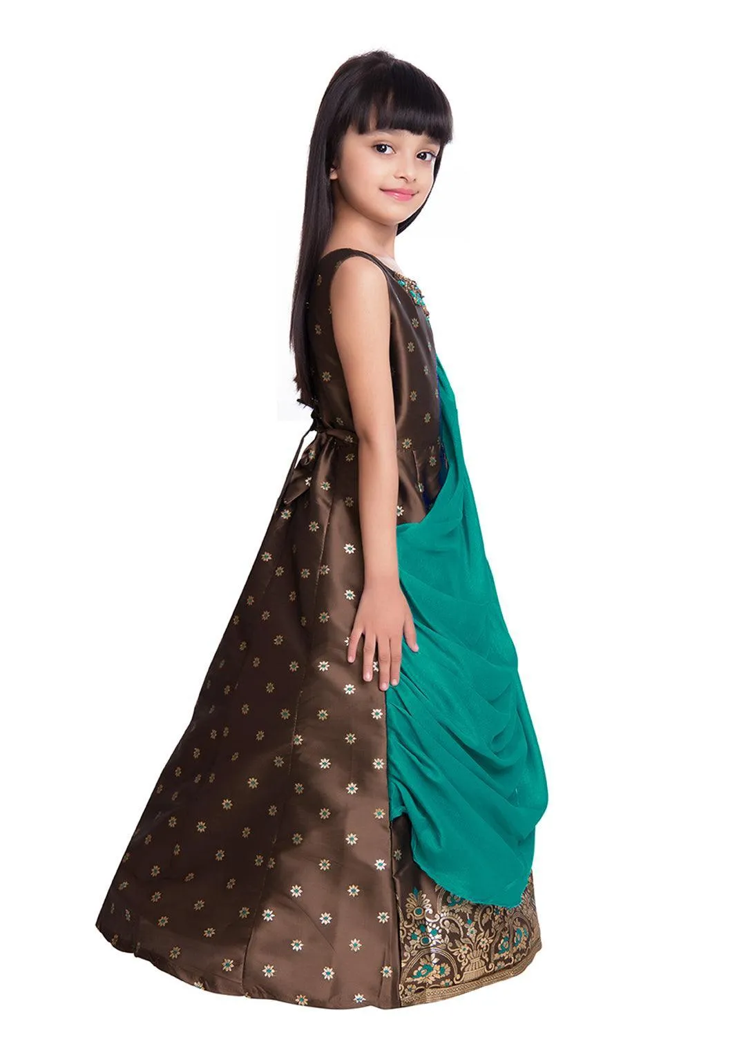Mustard Yellow & Brown Embellished Broket Gown With Dupatta Style Gown For Girls