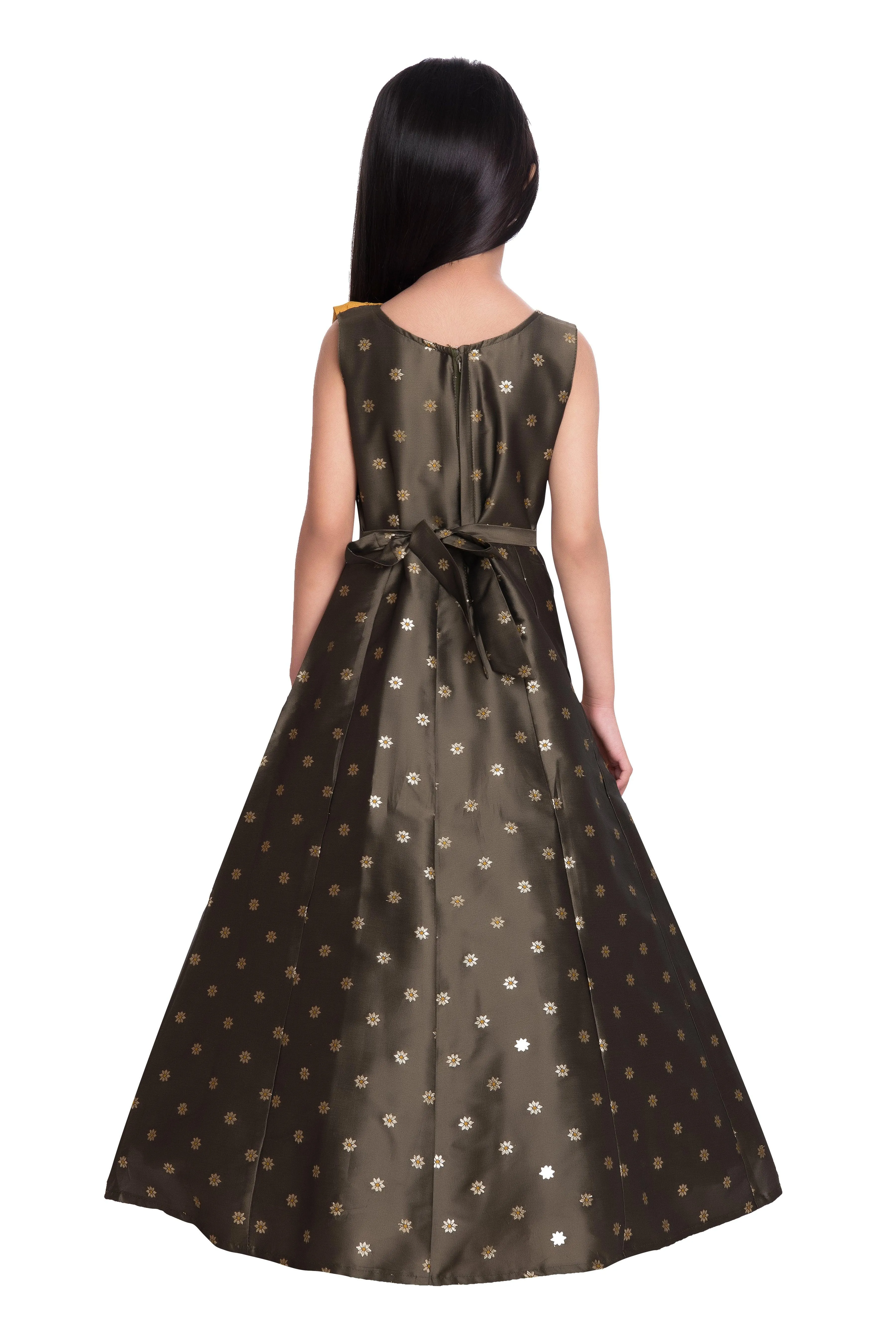Mustard Yellow & Brown Embellished Broket Gown With Dupatta Style Gown For Girls