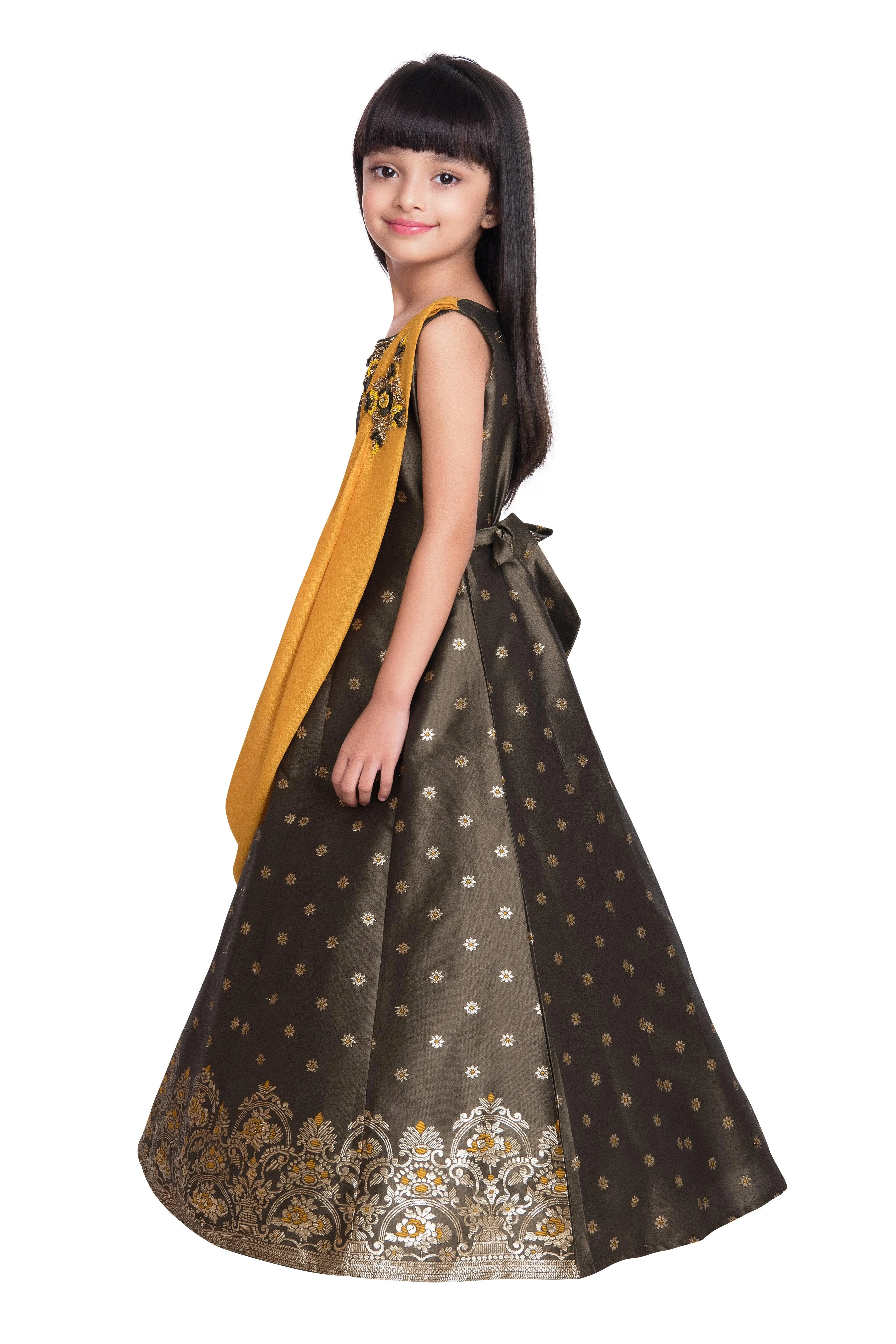Mustard Yellow & Brown Embellished Broket Gown With Dupatta Style Gown For Girls
