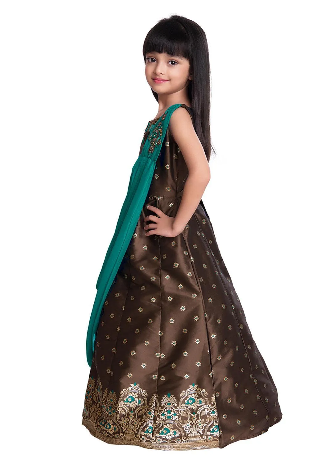 Mustard Yellow & Brown Embellished Broket Gown With Dupatta Style Gown For Girls