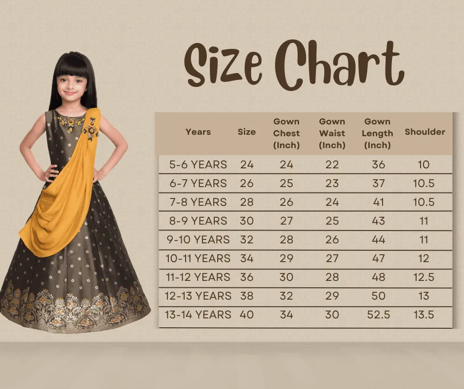 Mustard Yellow & Brown Embellished Broket Gown With Dupatta Style Gown For Girls